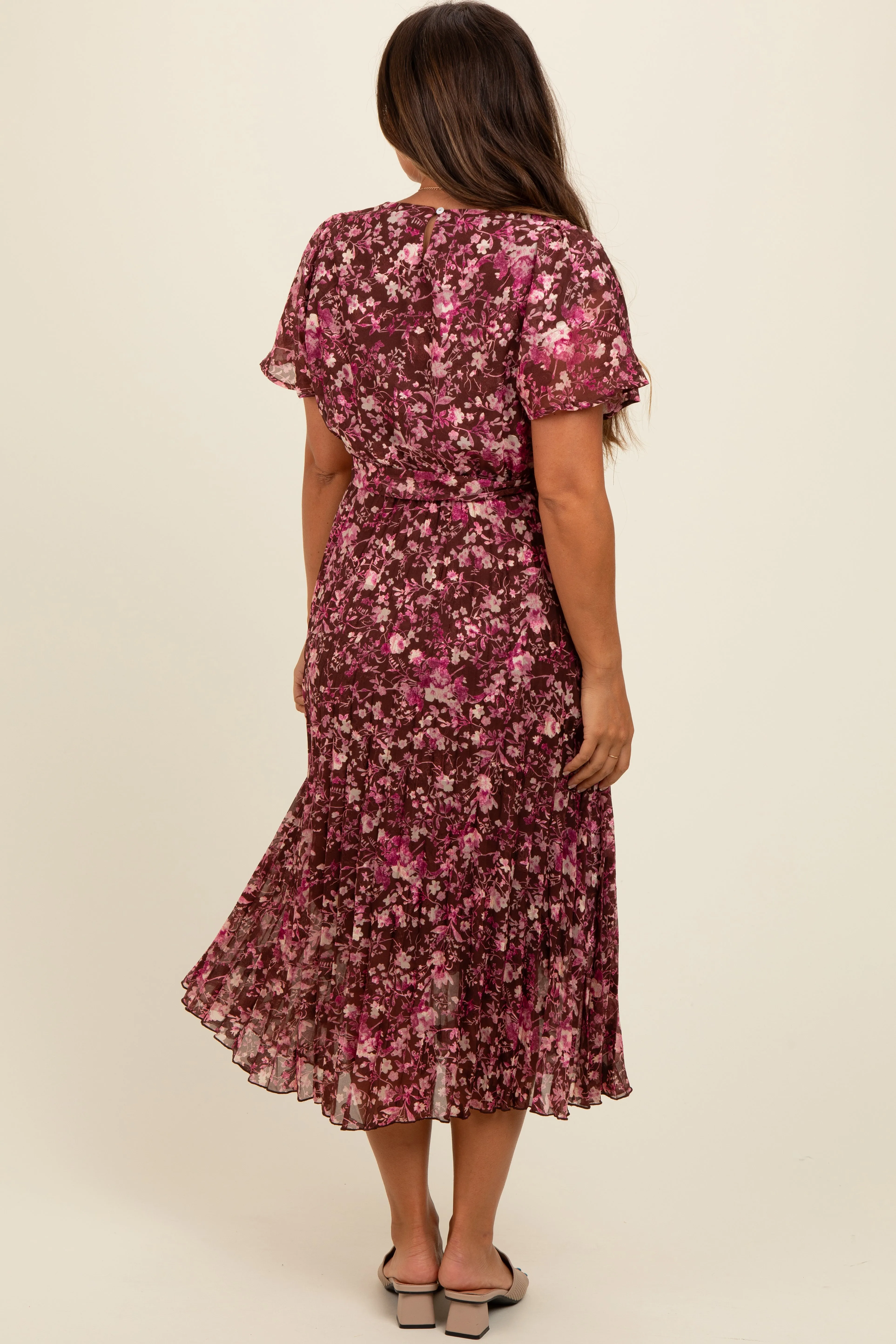 Brown Floral Pleated Maternity Midi Dress sold by Pinkblush product image thumbnail 4