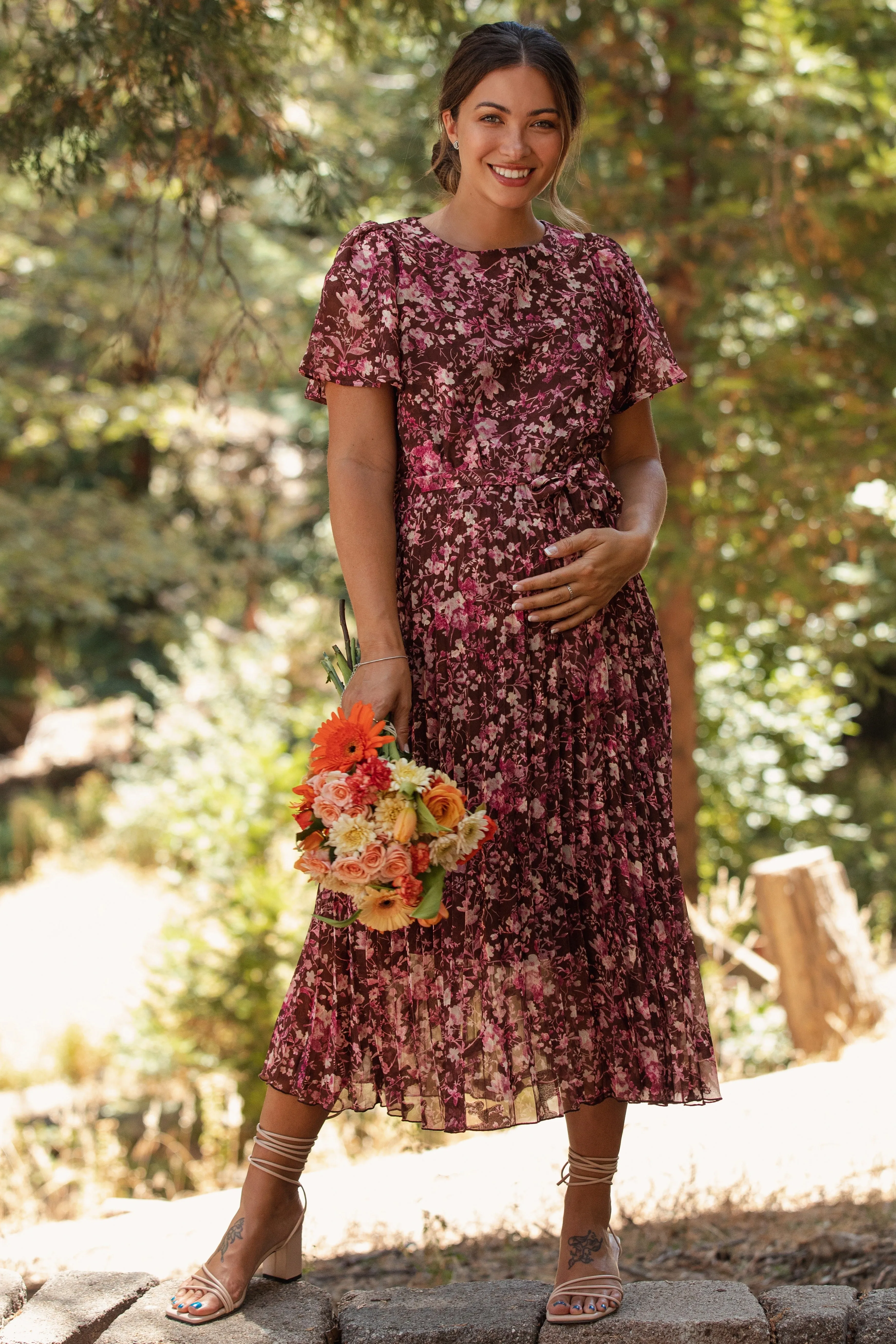 Brown Floral Pleated Maternity Midi Dress sold by Pinkblush