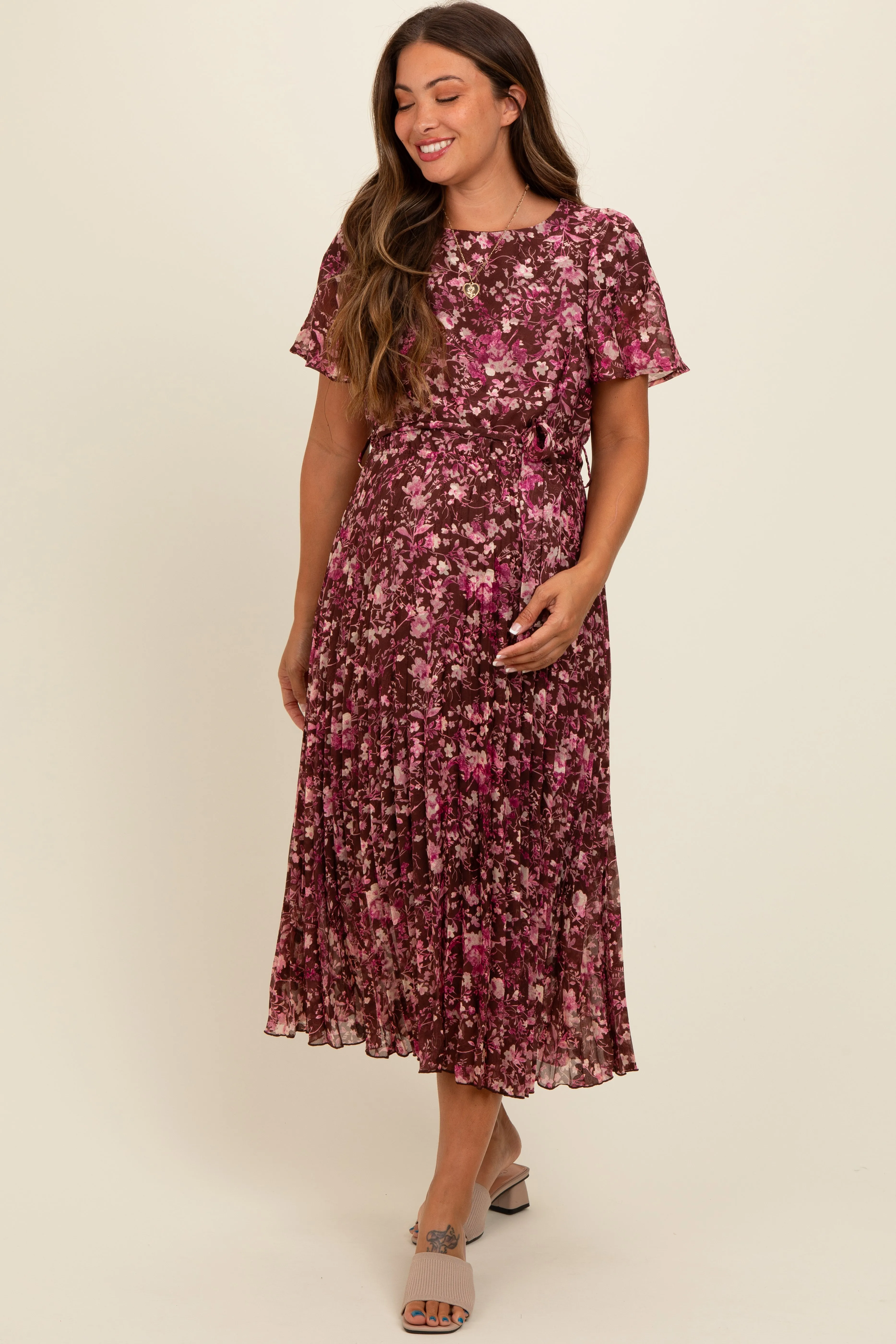 Brown Floral Pleated Maternity Midi Dress sold by Pinkblush product image thumbnail 2