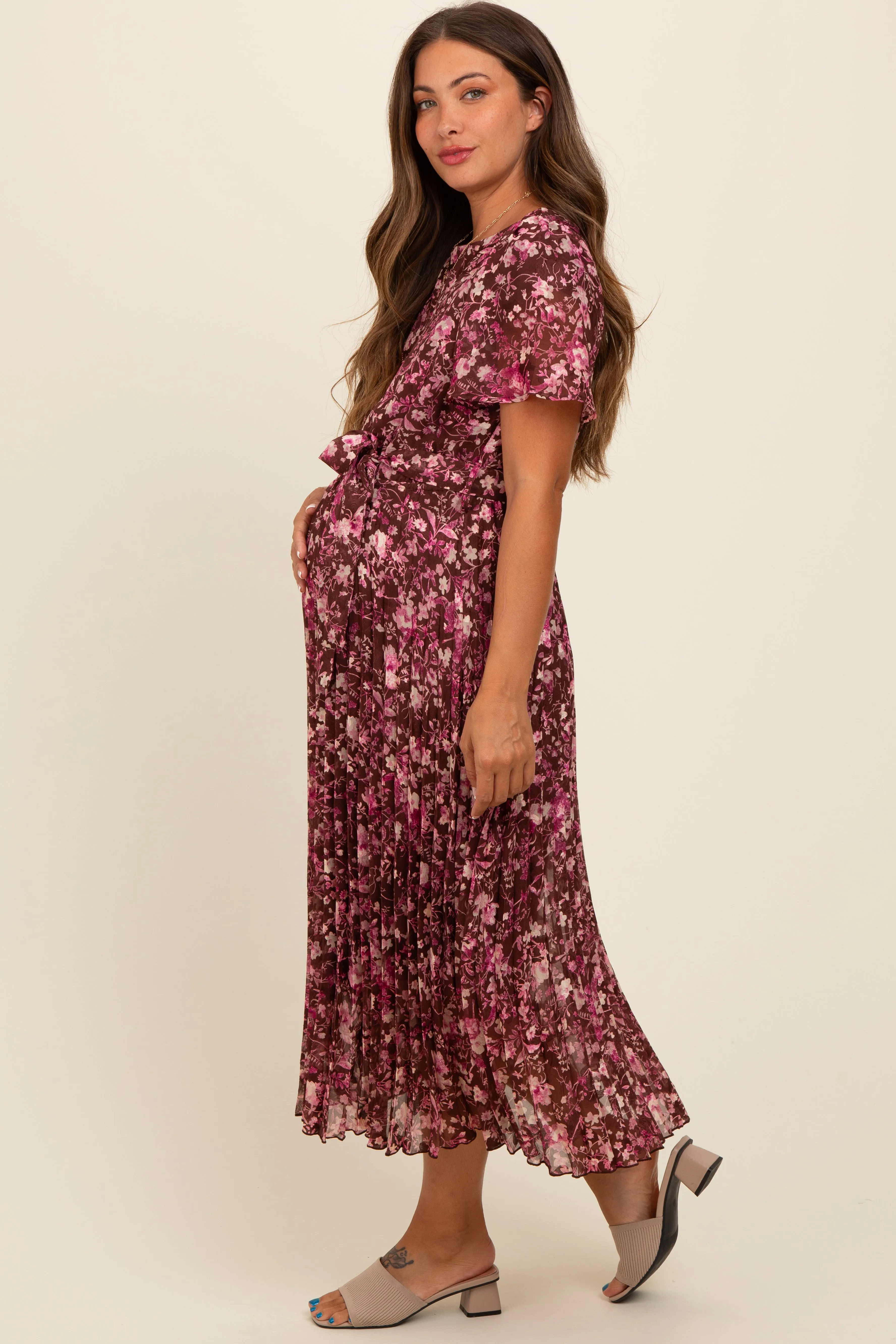 Brown Floral Pleated Maternity Midi Dress sold by Pinkblush product image thumbnail 3