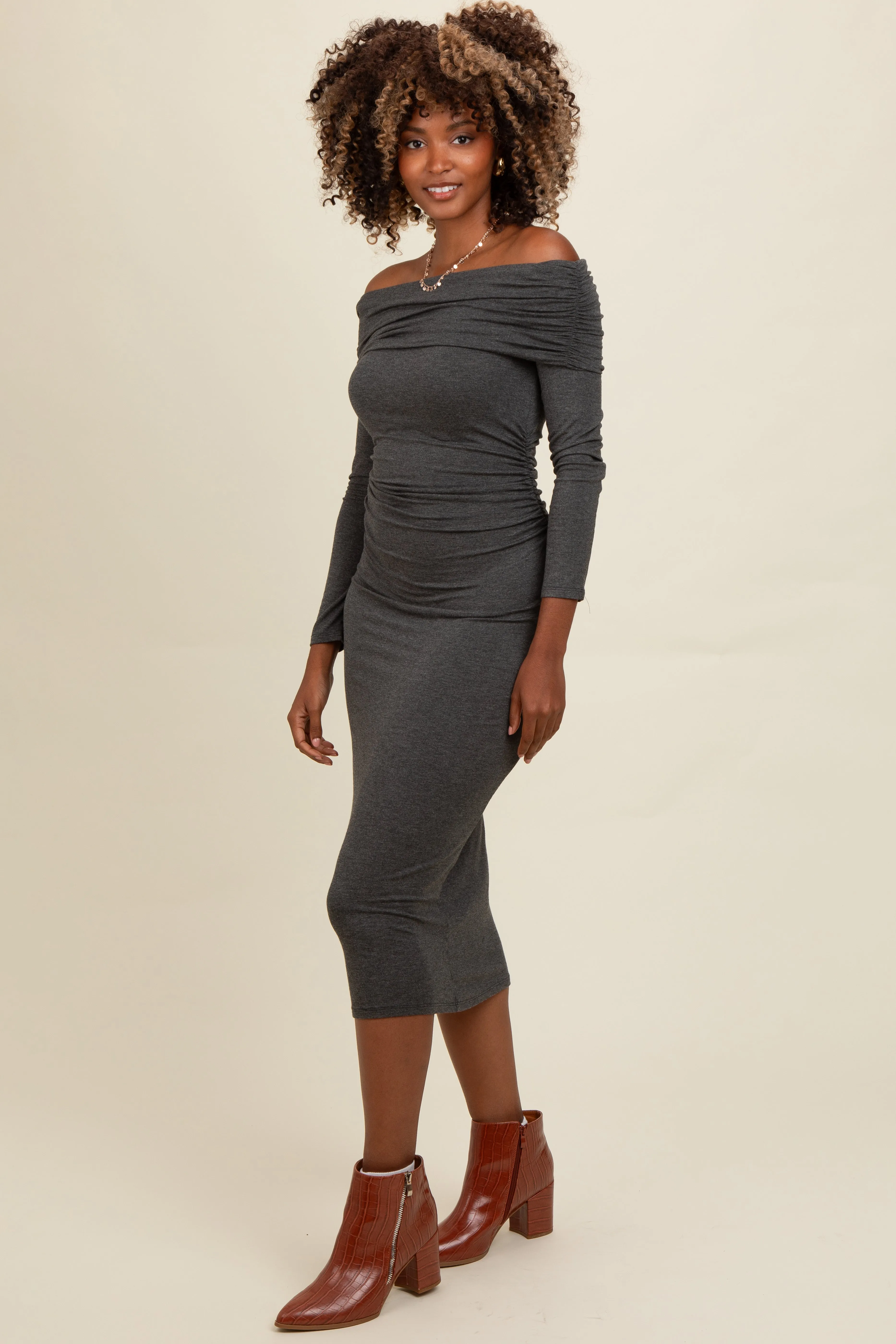 Charcoal Foldover Off Shoulder Long Sleeve Midi Dress sold by Pinkblush product image thumbnail 2
