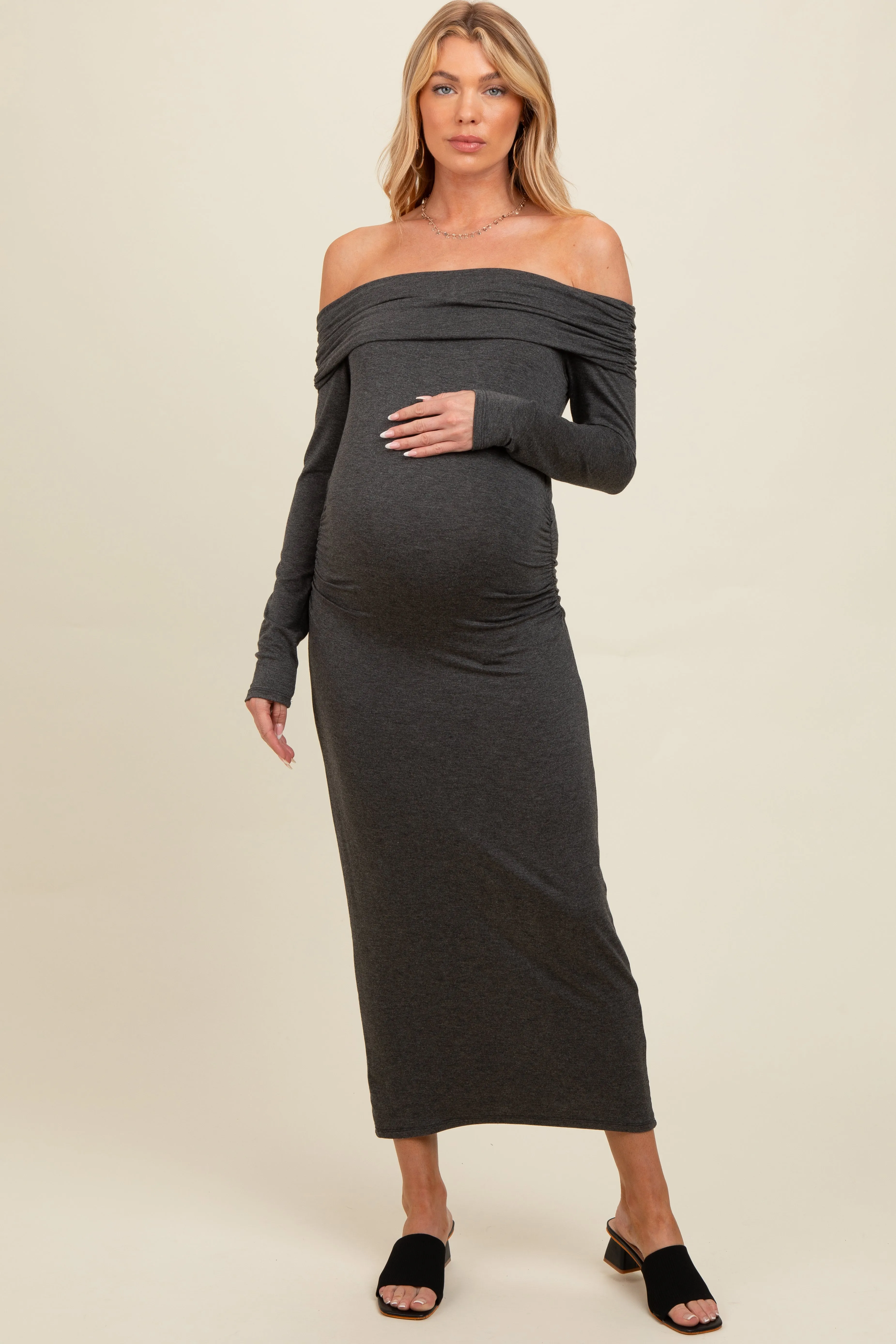 Charcoal Foldover Off Shoulder Long Sleeve Maternity Midi Dress sold by Pinkblush product image thumbnail 2
