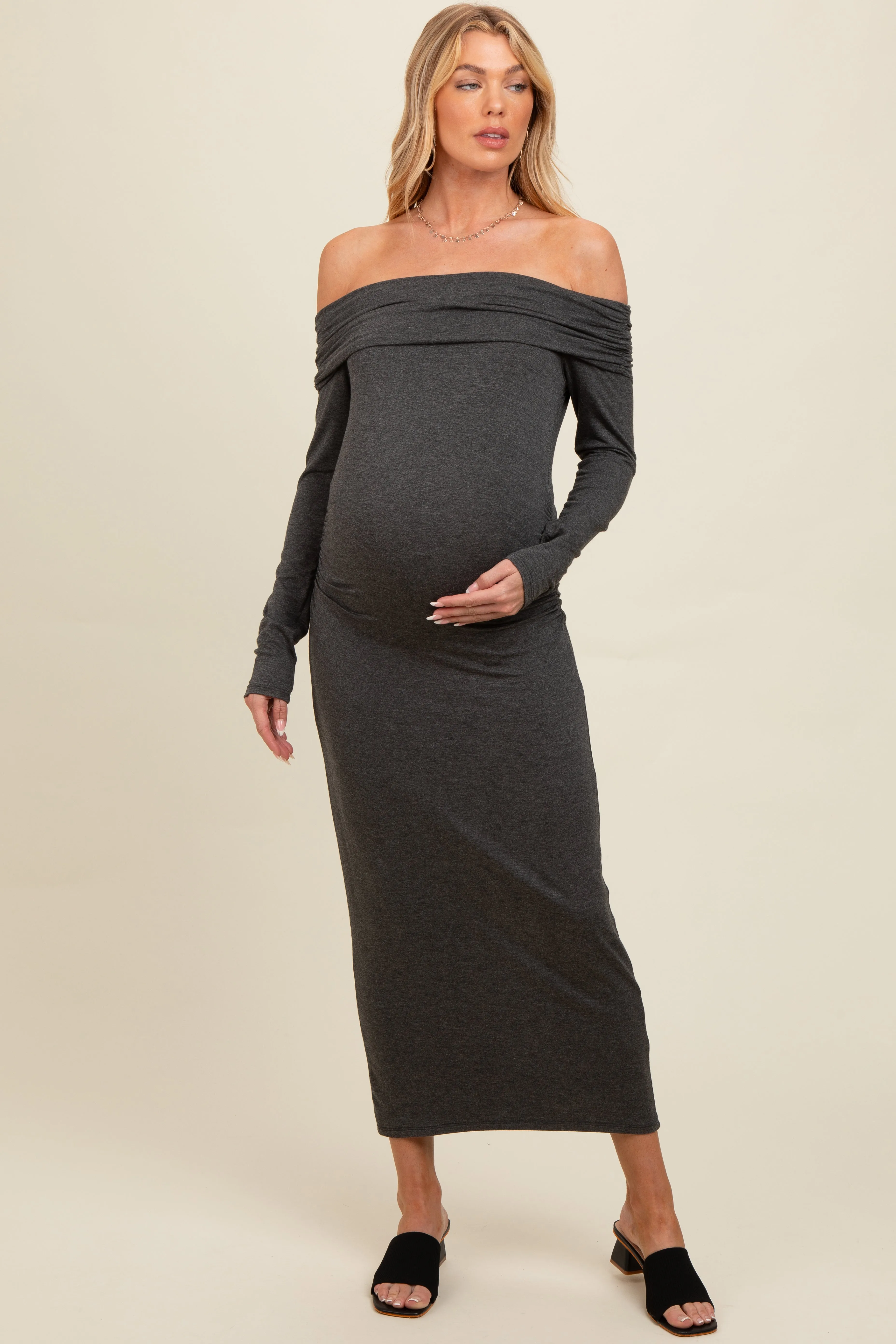 Charcoal Foldover Off Shoulder Long Sleeve Maternity Midi Dress sold by Pinkblush product image thumbnail 3