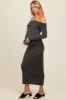 Charcoal Foldover Off Shoulder Long Sleeve Maternity Midi Dress sold by Pinkblush