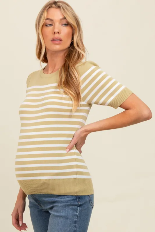 Light Olive Striped Short Sleeve Knit Maternity Top sold by Pinkblush