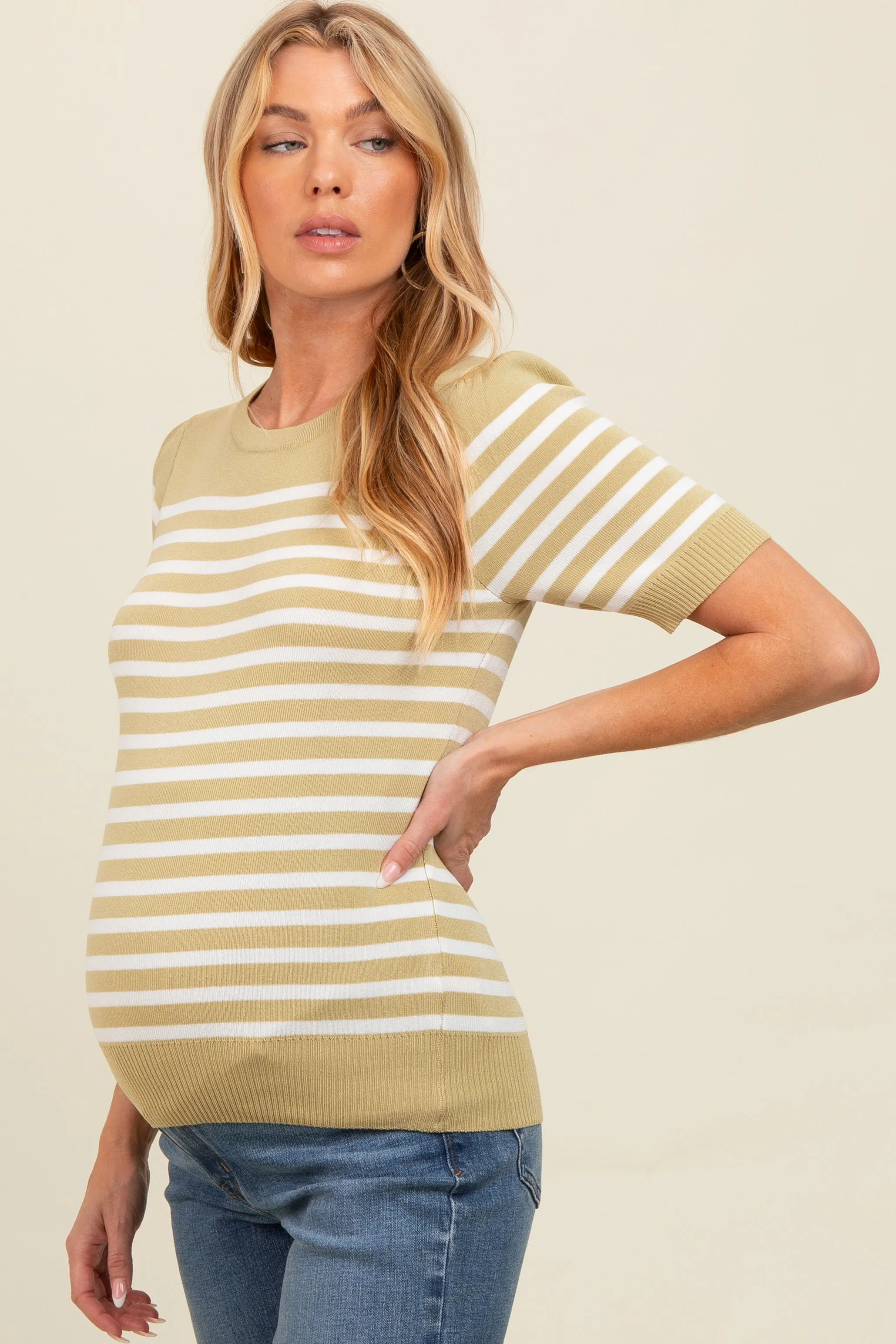 Light Olive Striped Short Sleeve Knit Maternity Top sold by Pinkblush