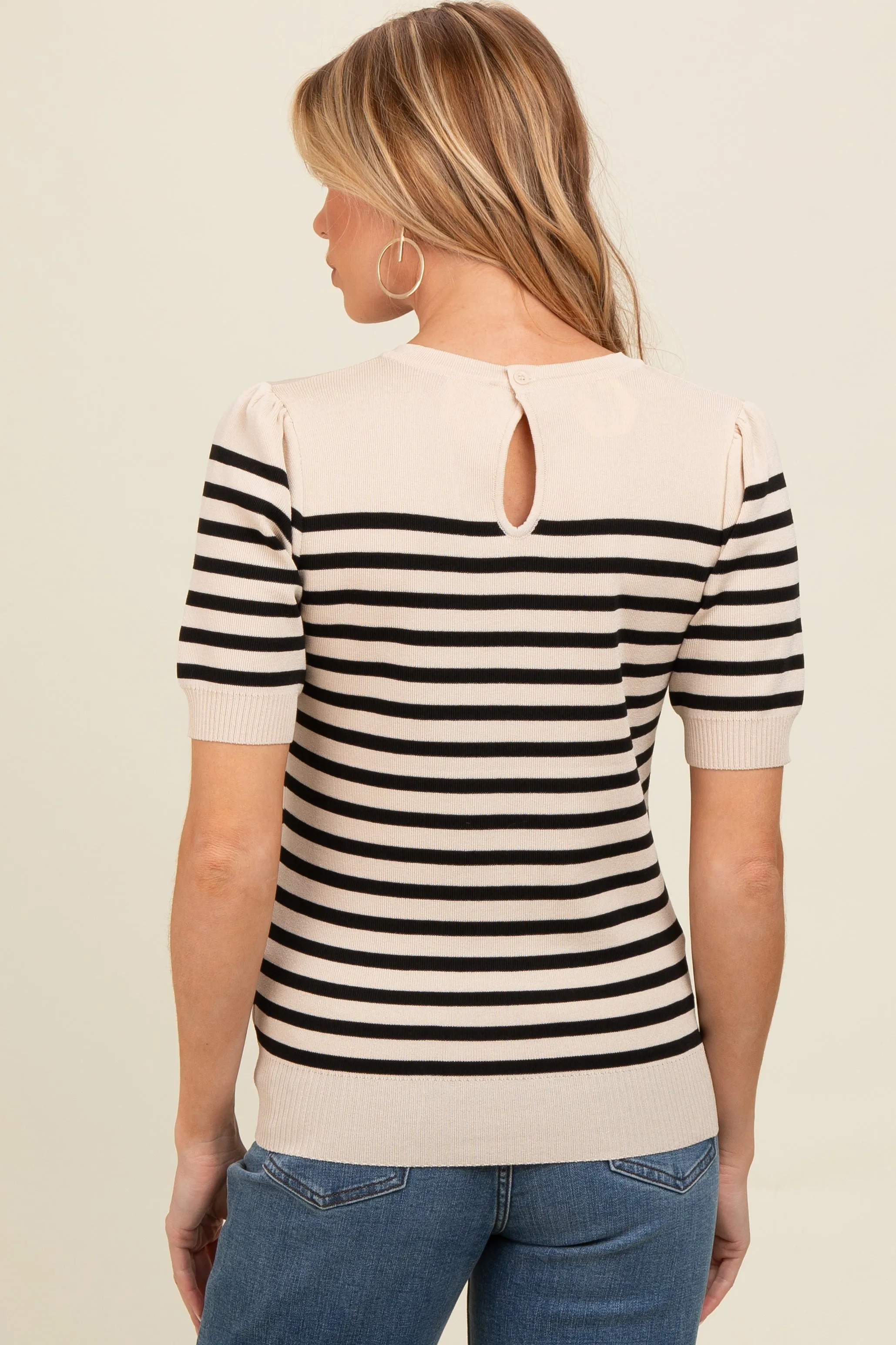 Beige Striped Short Sleeve Knit Maternity Top sold by Pinkblush product image thumbnail 3
