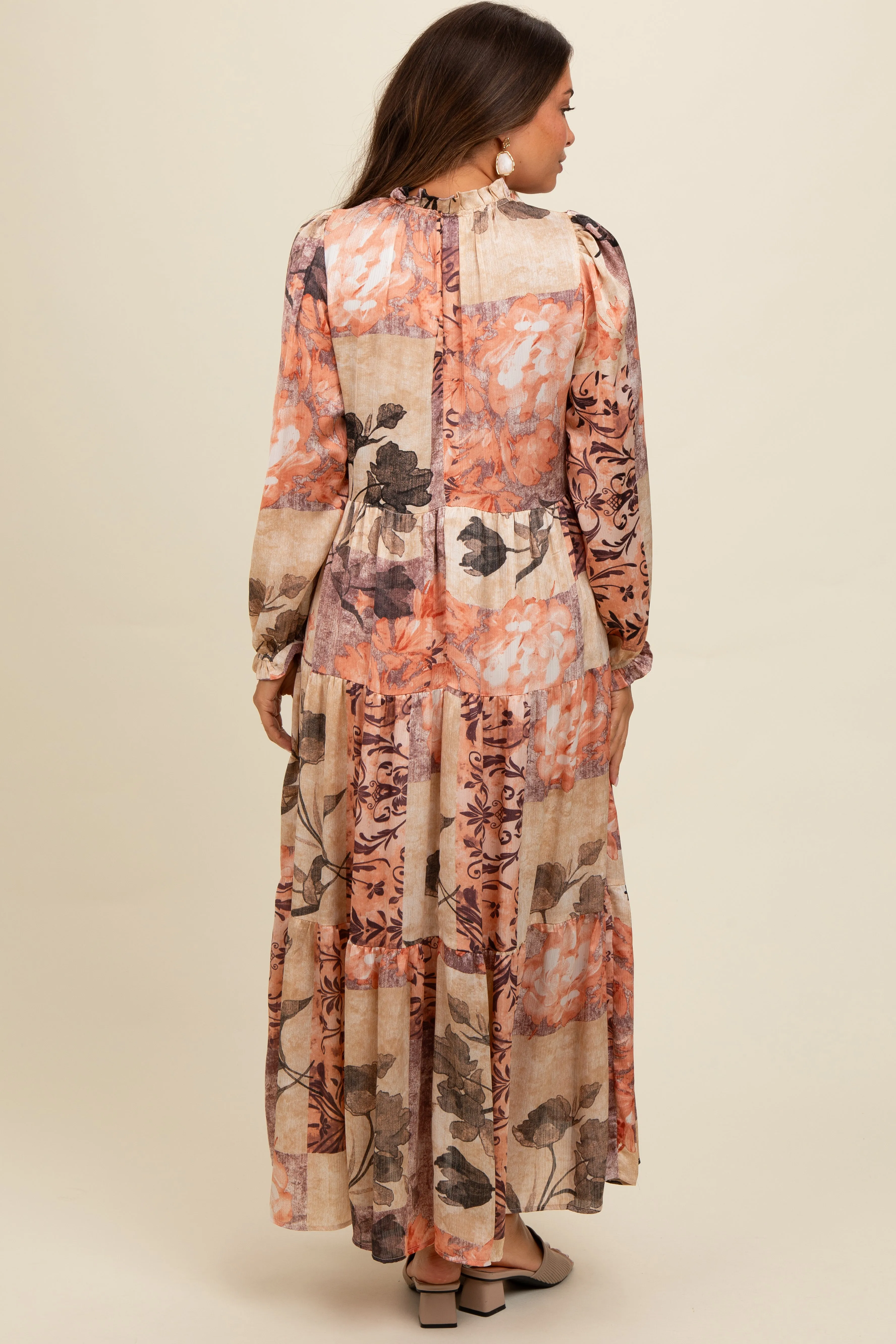 Beige Patchwork Satin Tiered Button Front Maternity Midi Dress sold by Pinkblush product image thumbnail 3