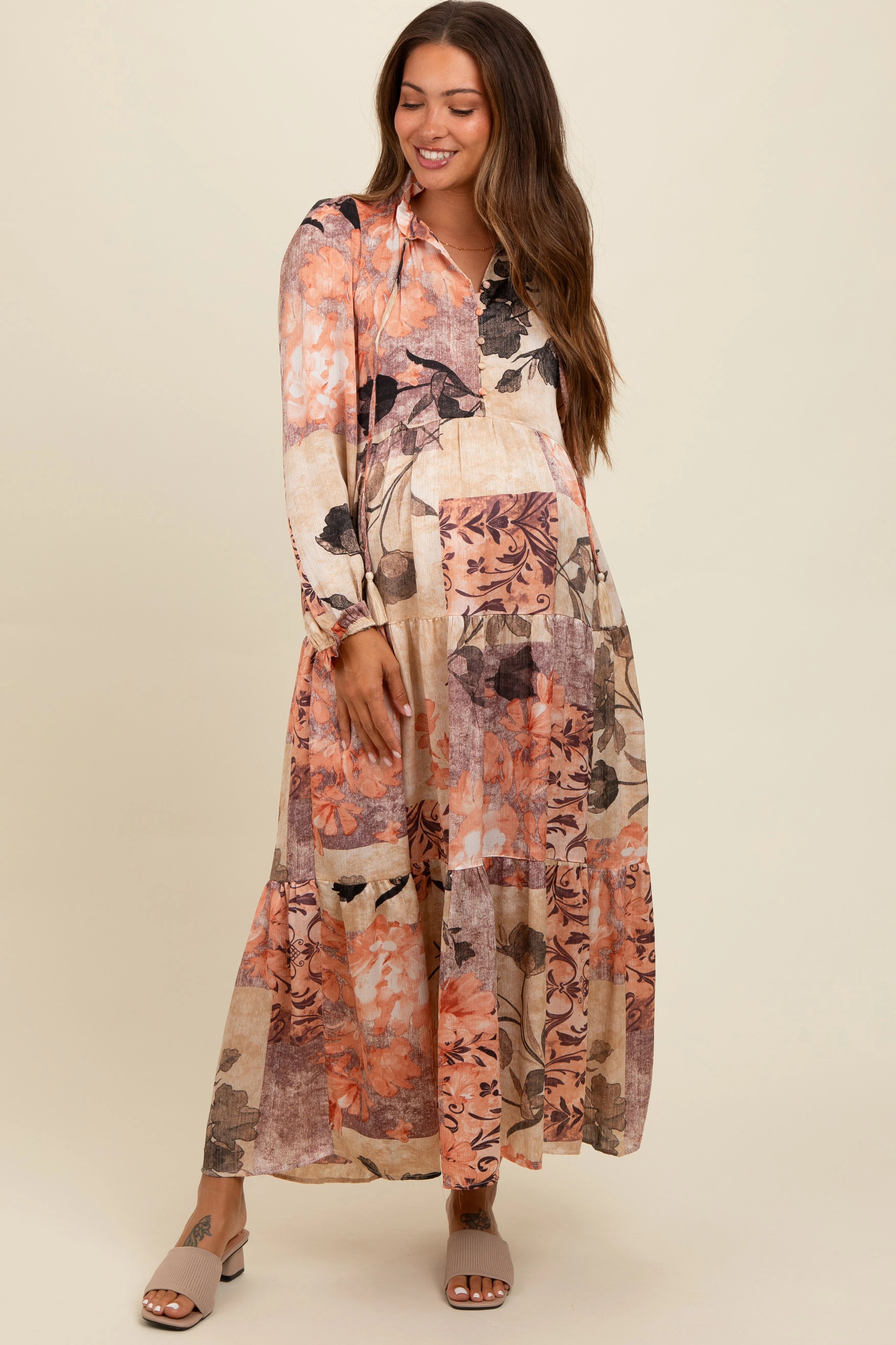 Beige Patchwork Satin Tiered Button Front Maternity Midi Dress sold by Pinkblush