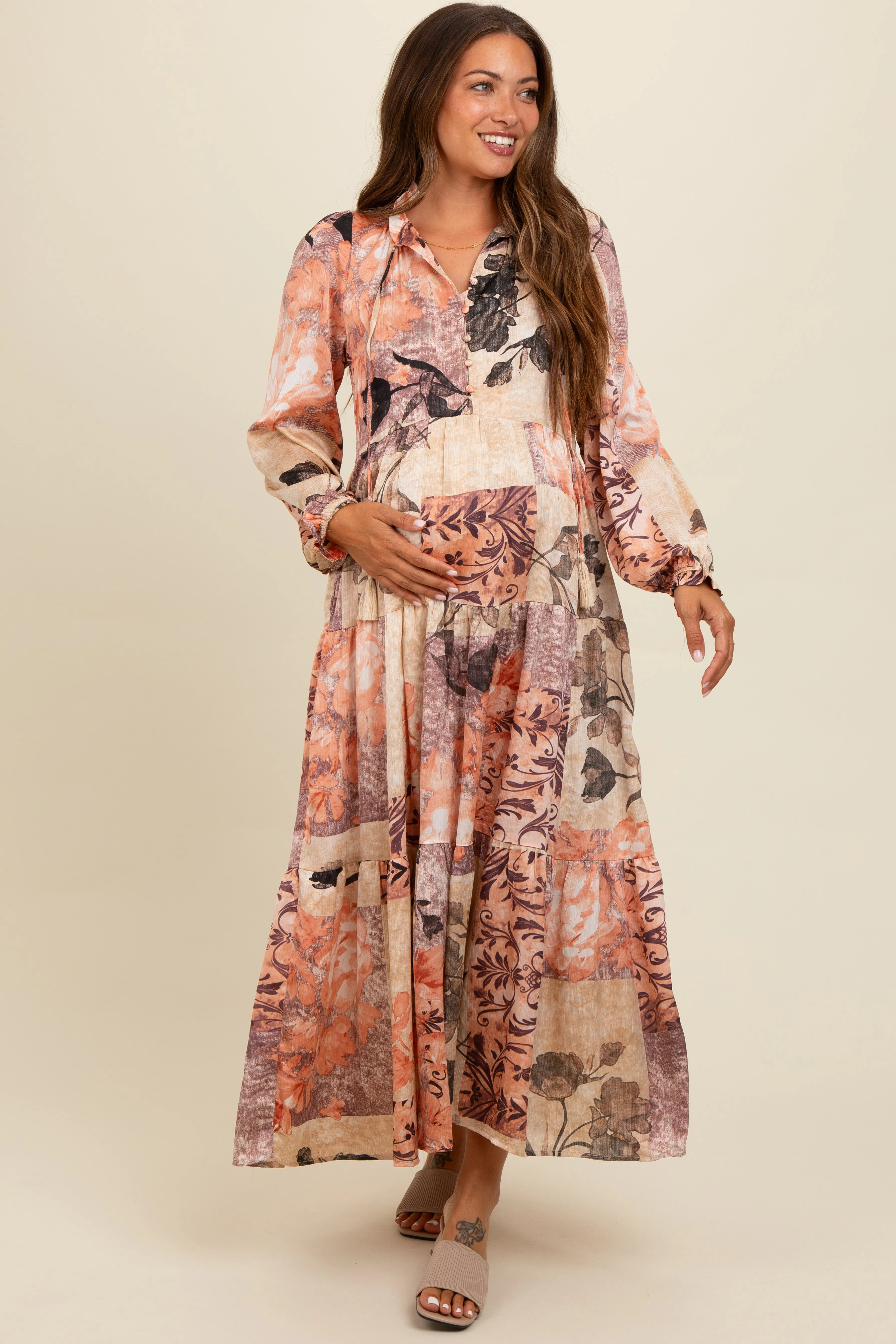 Beige Patchwork Satin Tiered Button Front Maternity Midi Dress sold by Pinkblush product image thumbnail 2