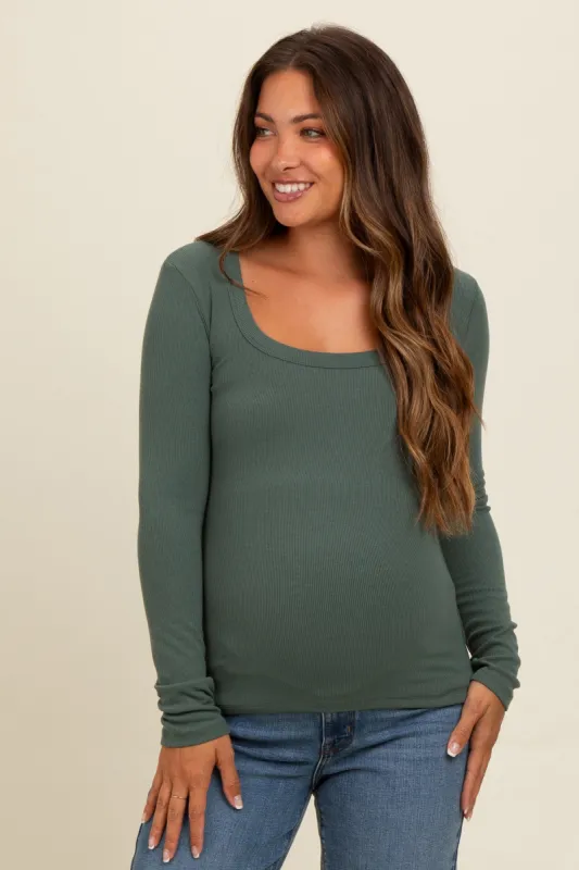 Green Ribbed Square Neck Long Sleeve Maternity Top sold by Pinkblush