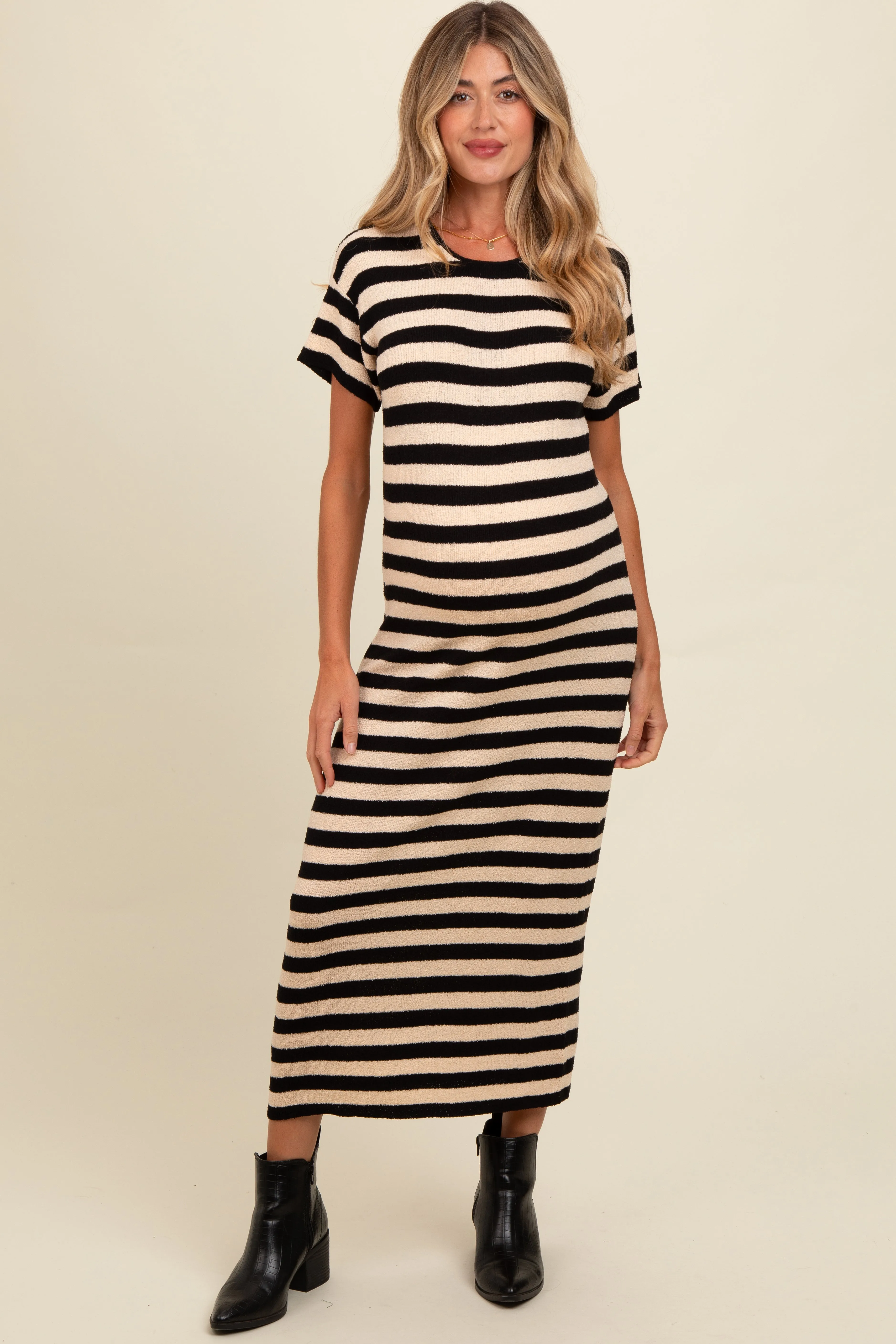 Beige Striped Knit Maternity Midi Dress sold by Pinkblush