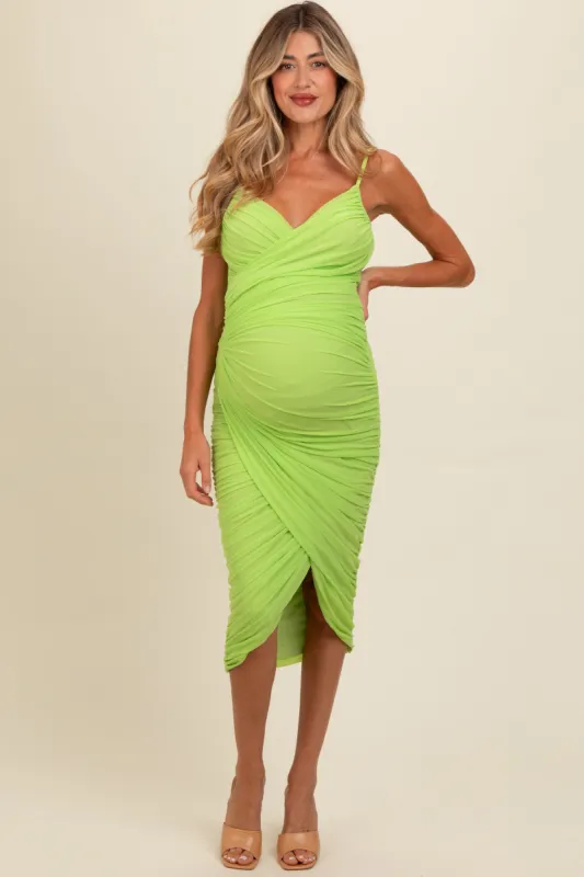 Lime Ruched Mesh Fitted Maternity Tulip Hem Dress sold by Pinkblush