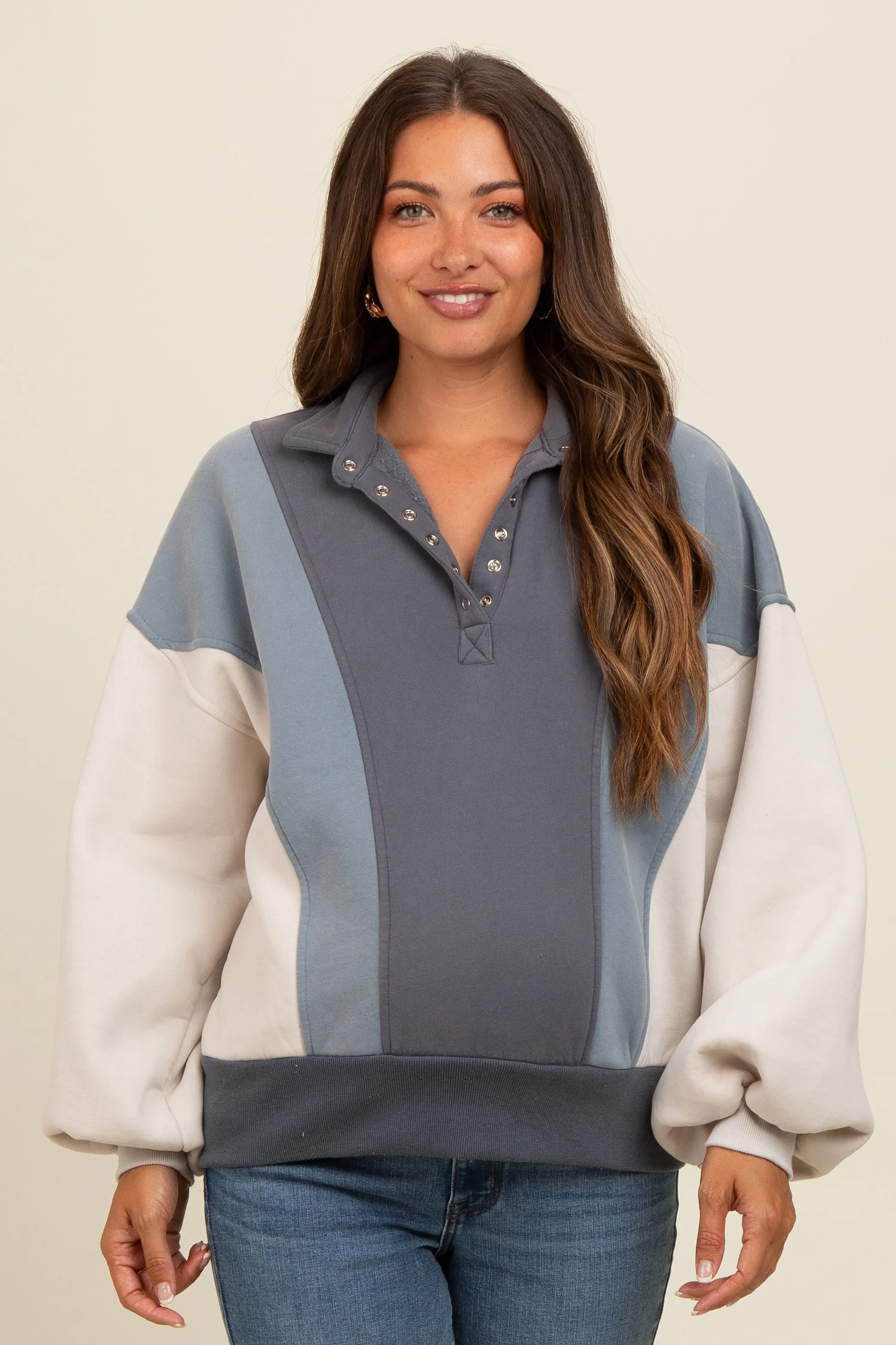 Blue Colorblock Snap Button Maternity Polo Sweatshirt sold by Pinkblush