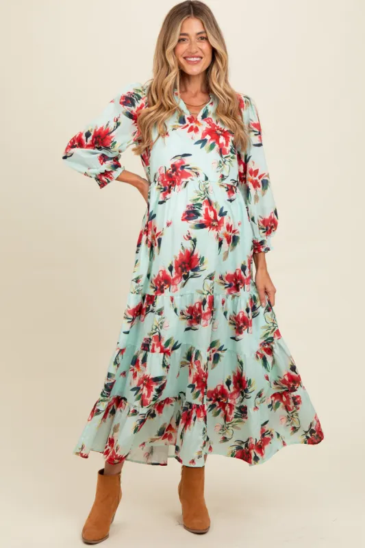Mint Floral V-Neck Tiered Maternity Midi Dress sold by Pinkblush