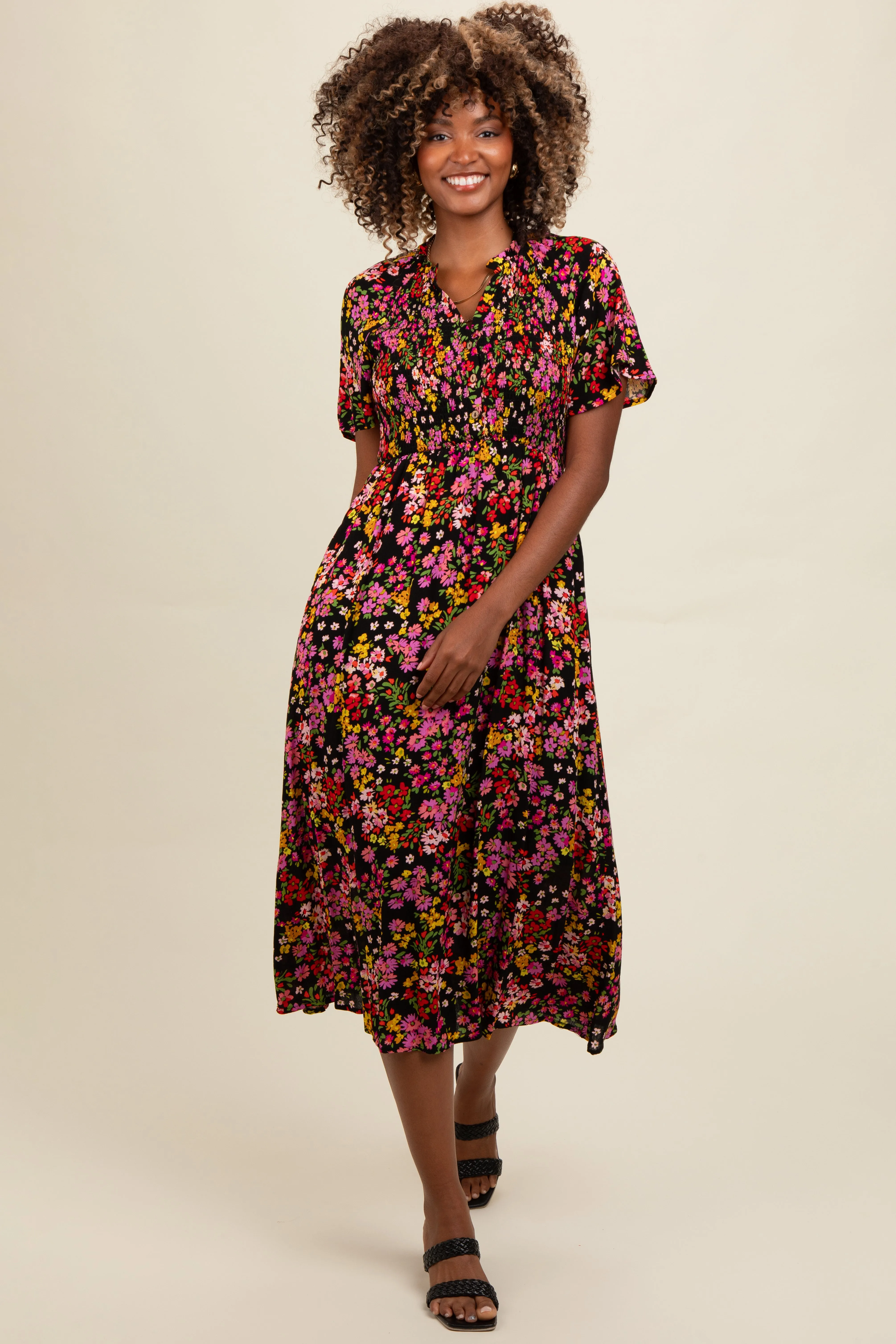 Black Floral Smocked Button Up Maternity Midi Dress sold by Pinkblush product image thumbnail 5