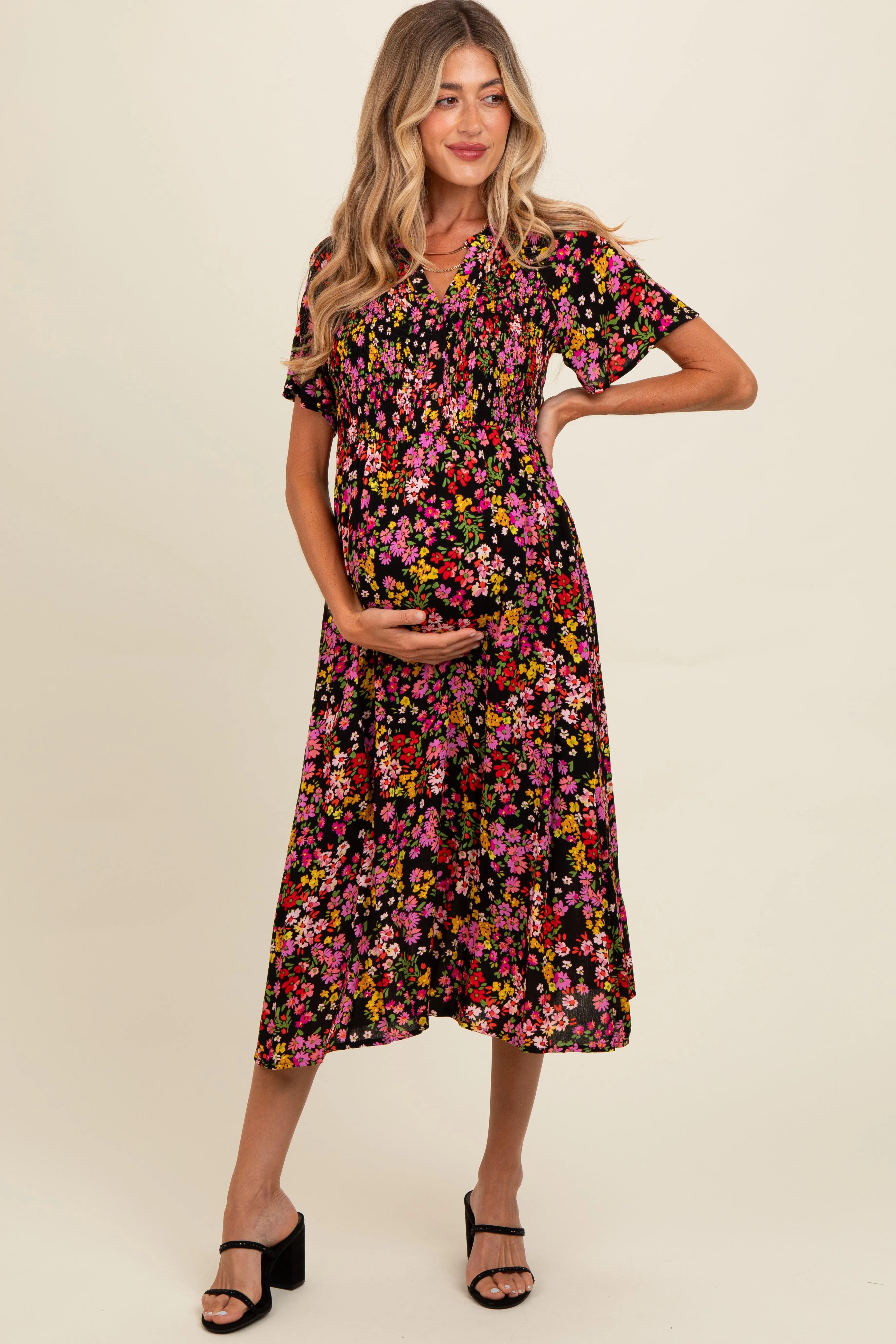 Black Floral Smocked Button Up Maternity Midi Dress sold by Pinkblush product image thumbnail 2