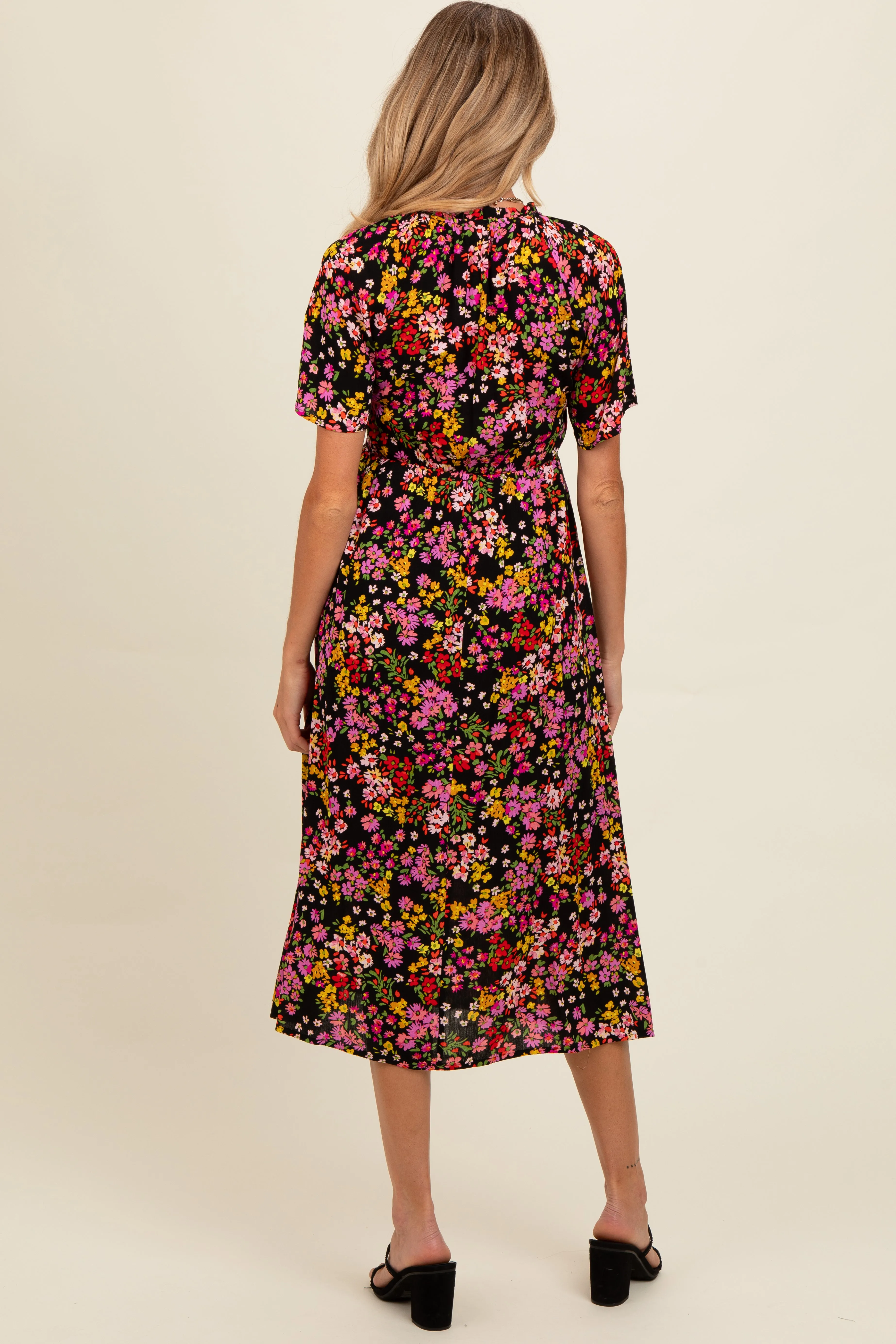 Black Floral Smocked Button Up Maternity Midi Dress sold by Pinkblush product image thumbnail 4