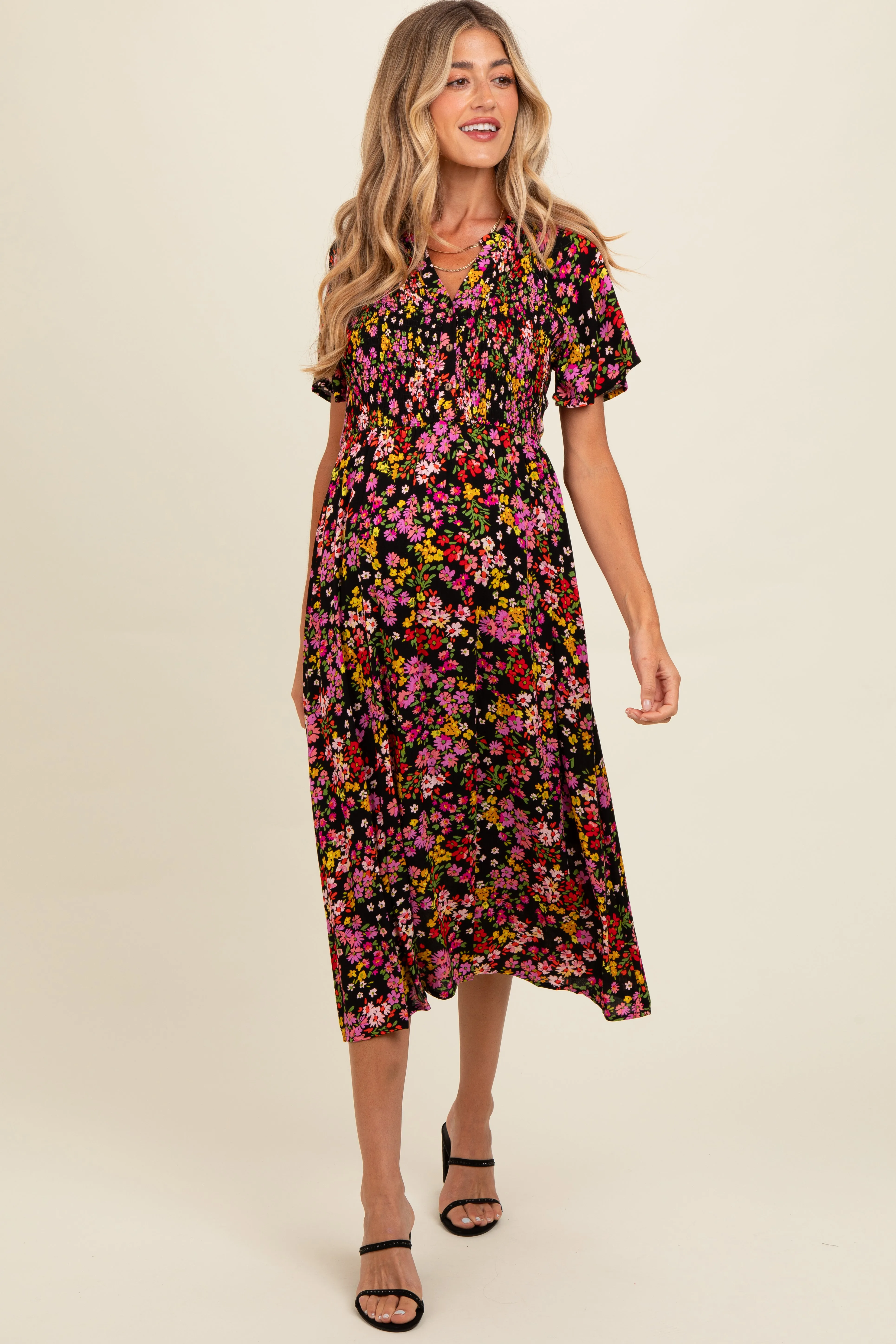 Black Floral Smocked Button Up Maternity Midi Dress sold by Pinkblush