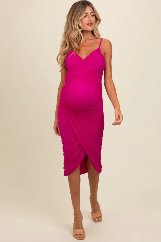 Fuchsia Ruched Mesh Fitted Maternity Tulip Hem Dress sold by Pinkblush