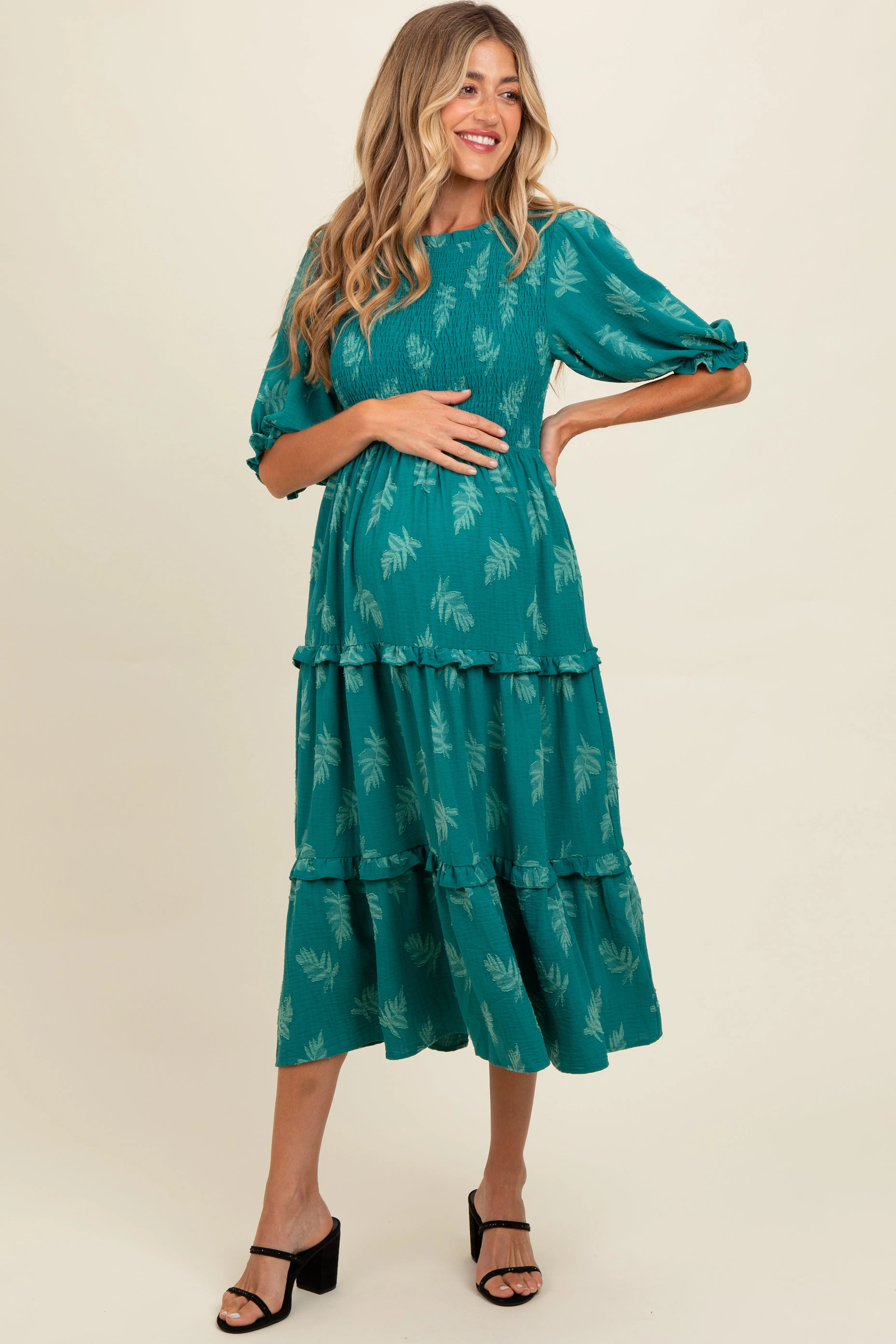 Teal Leaf Print Smocked Maternity Midi Dress sold by Pinkblush