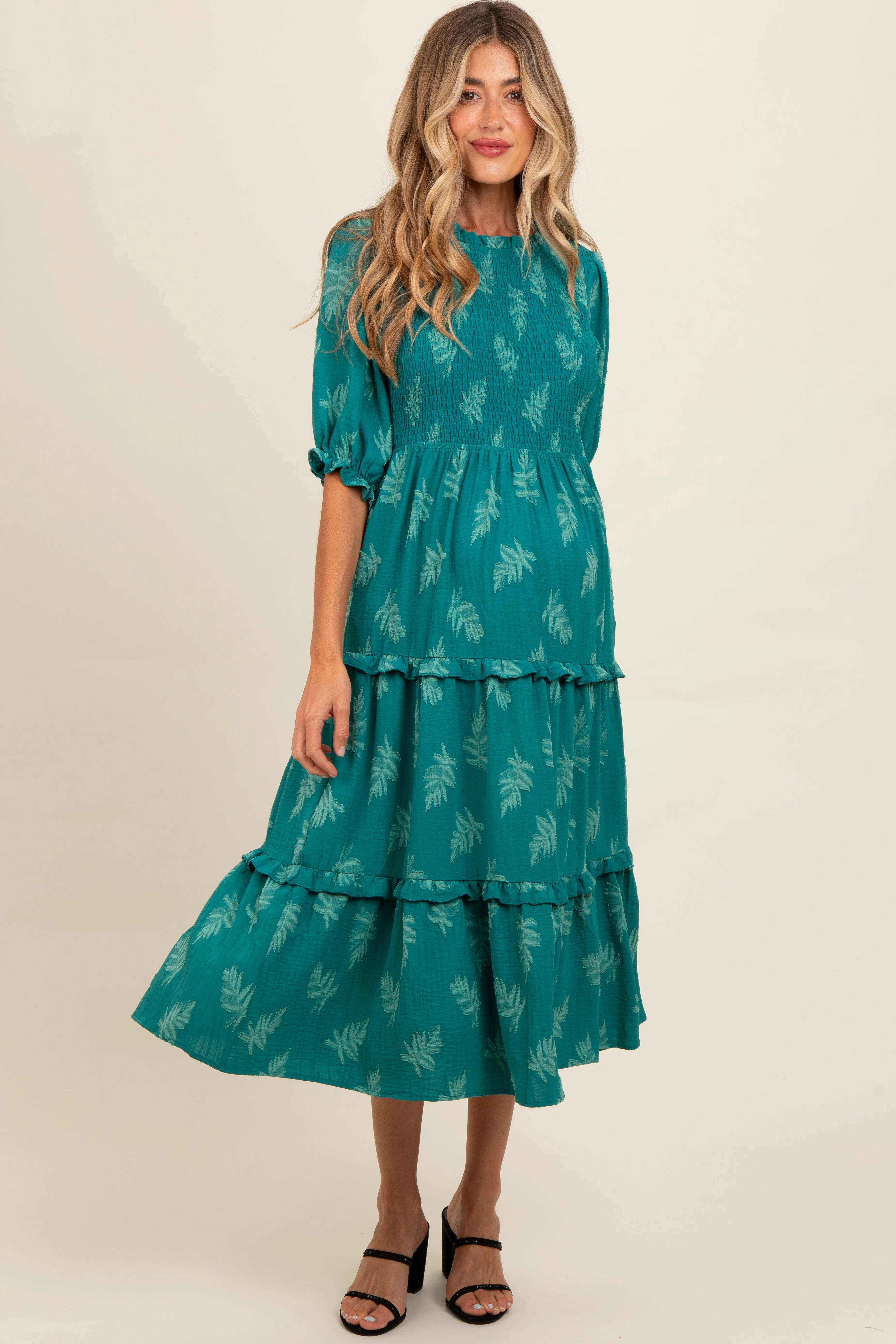 Teal Leaf Print Smocked Maternity Midi Dress sold by Pinkblush product image thumbnail 2