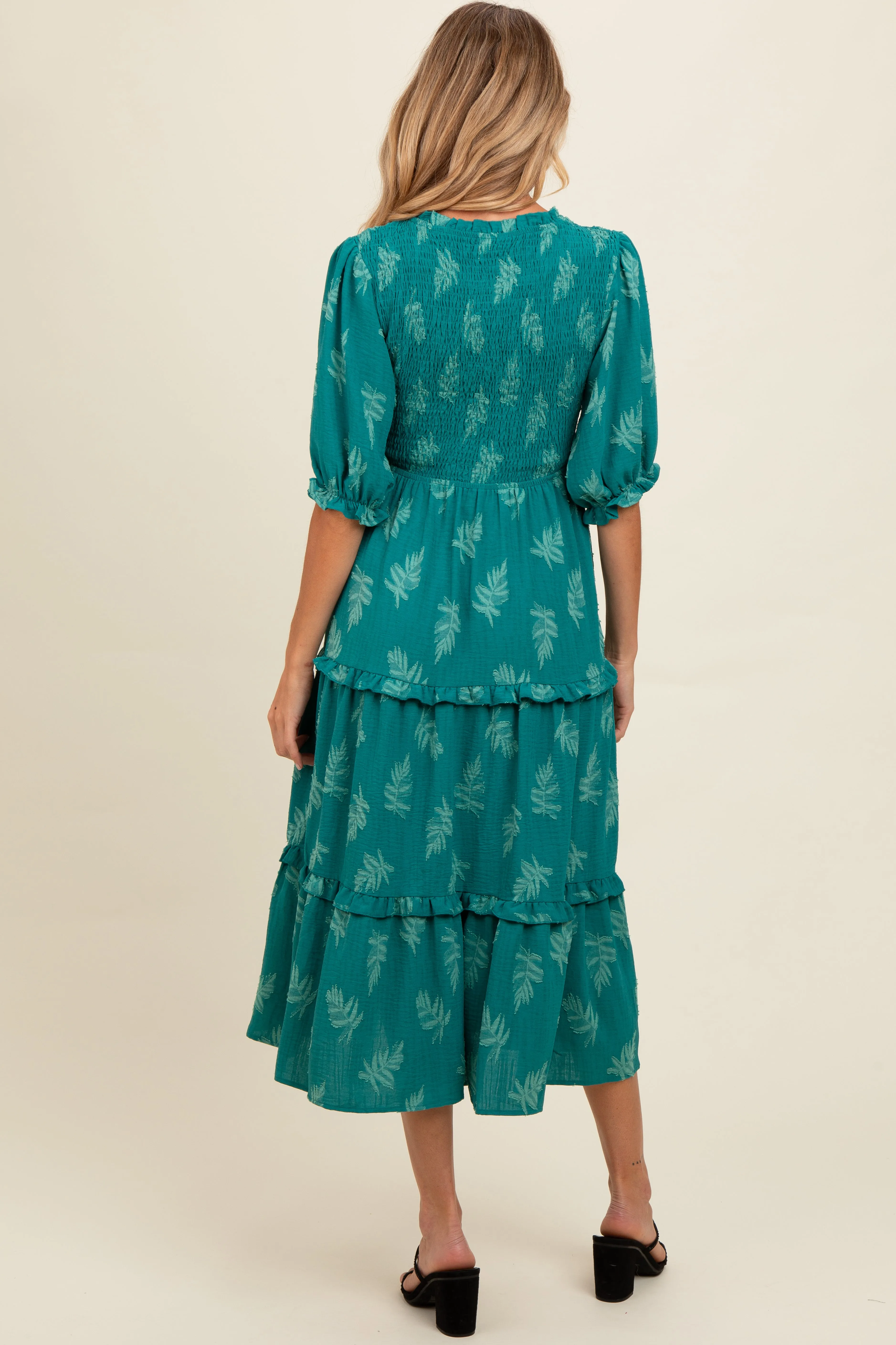 Teal Leaf Print Smocked Maternity Midi Dress sold by Pinkblush product image thumbnail 3