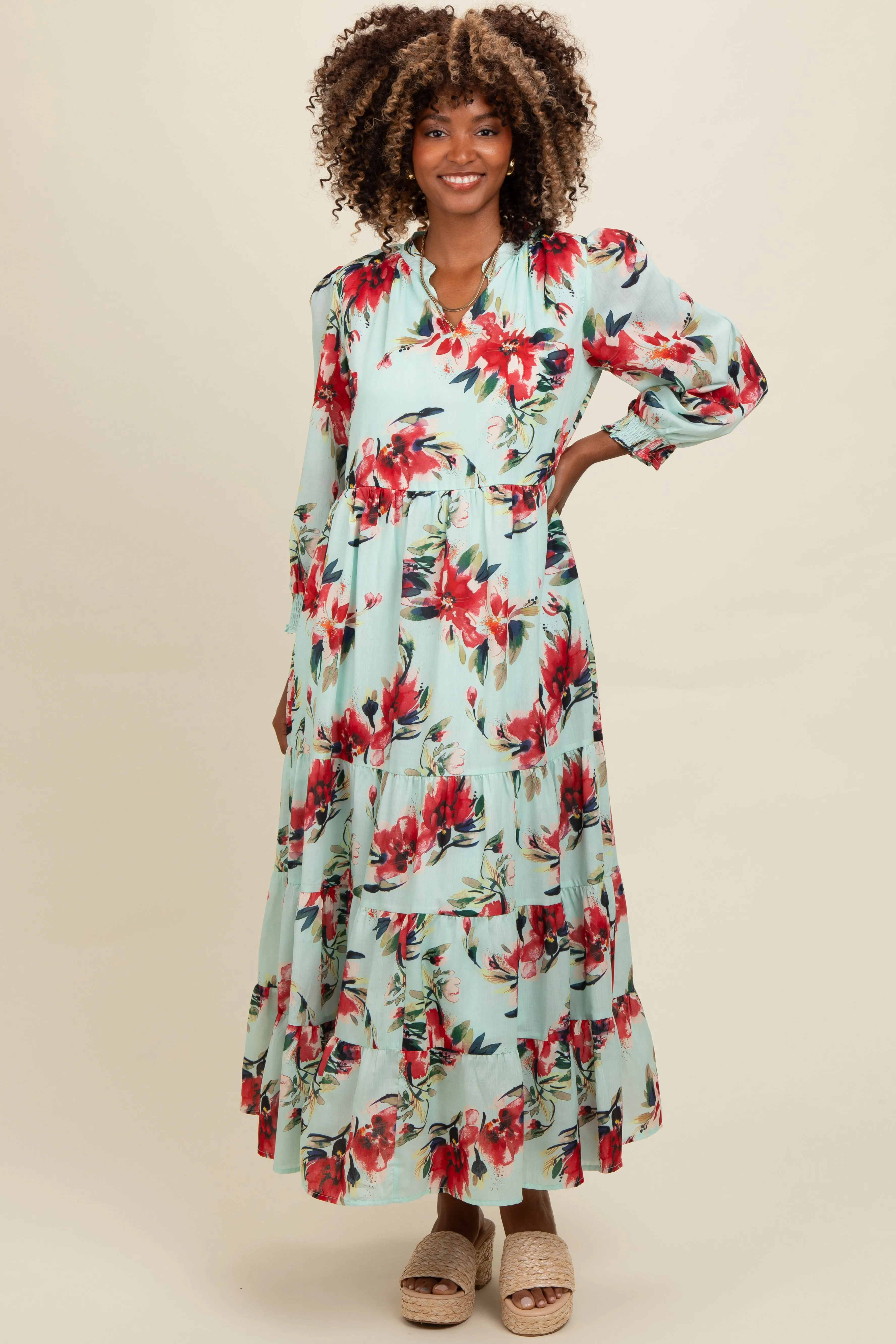 Mint Floral V-Neck Tiered Maternity Midi Dress sold by Pinkblush product image thumbnail 5
