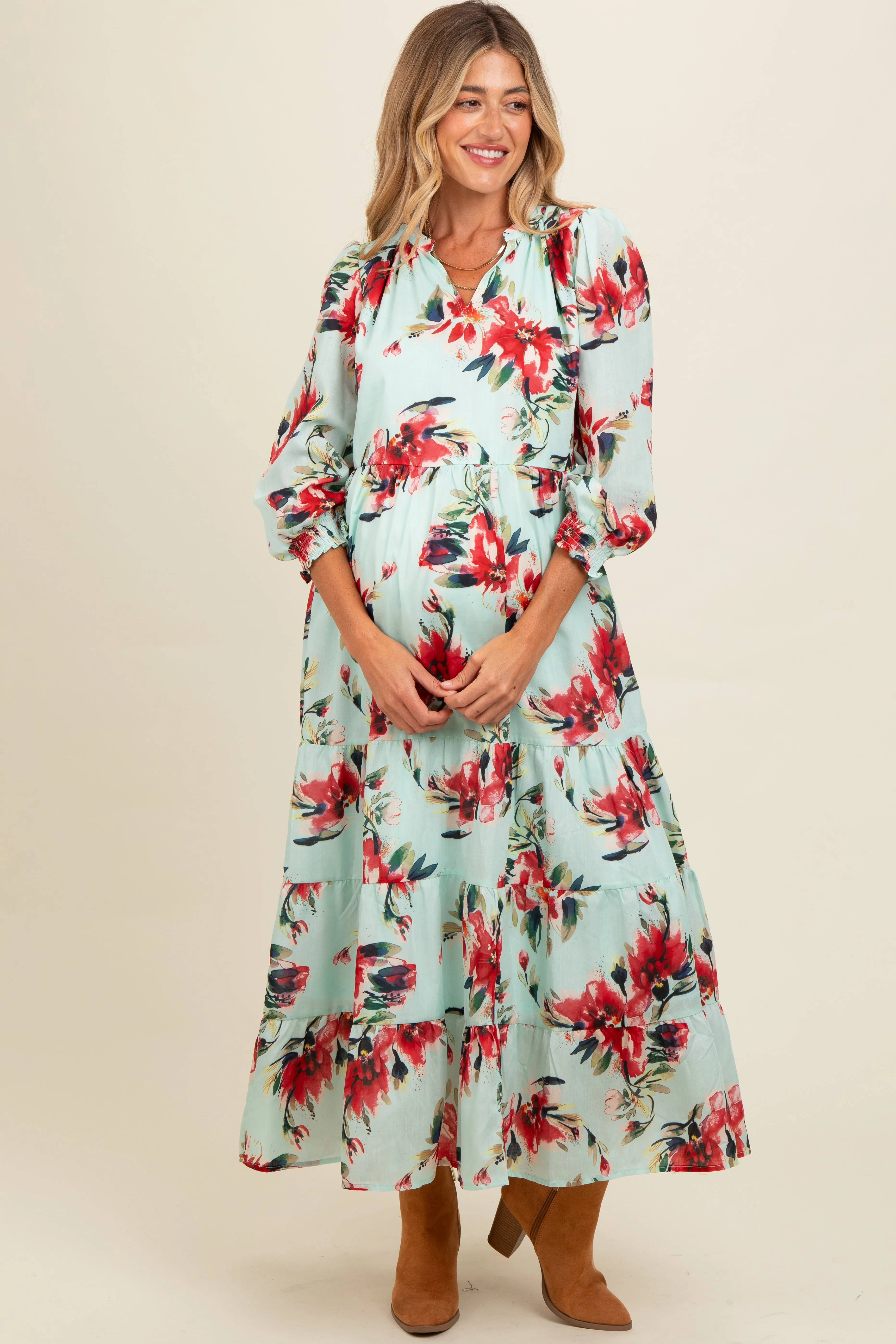 Mint Floral V-Neck Tiered Maternity Midi Dress sold by Pinkblush product image thumbnail 2