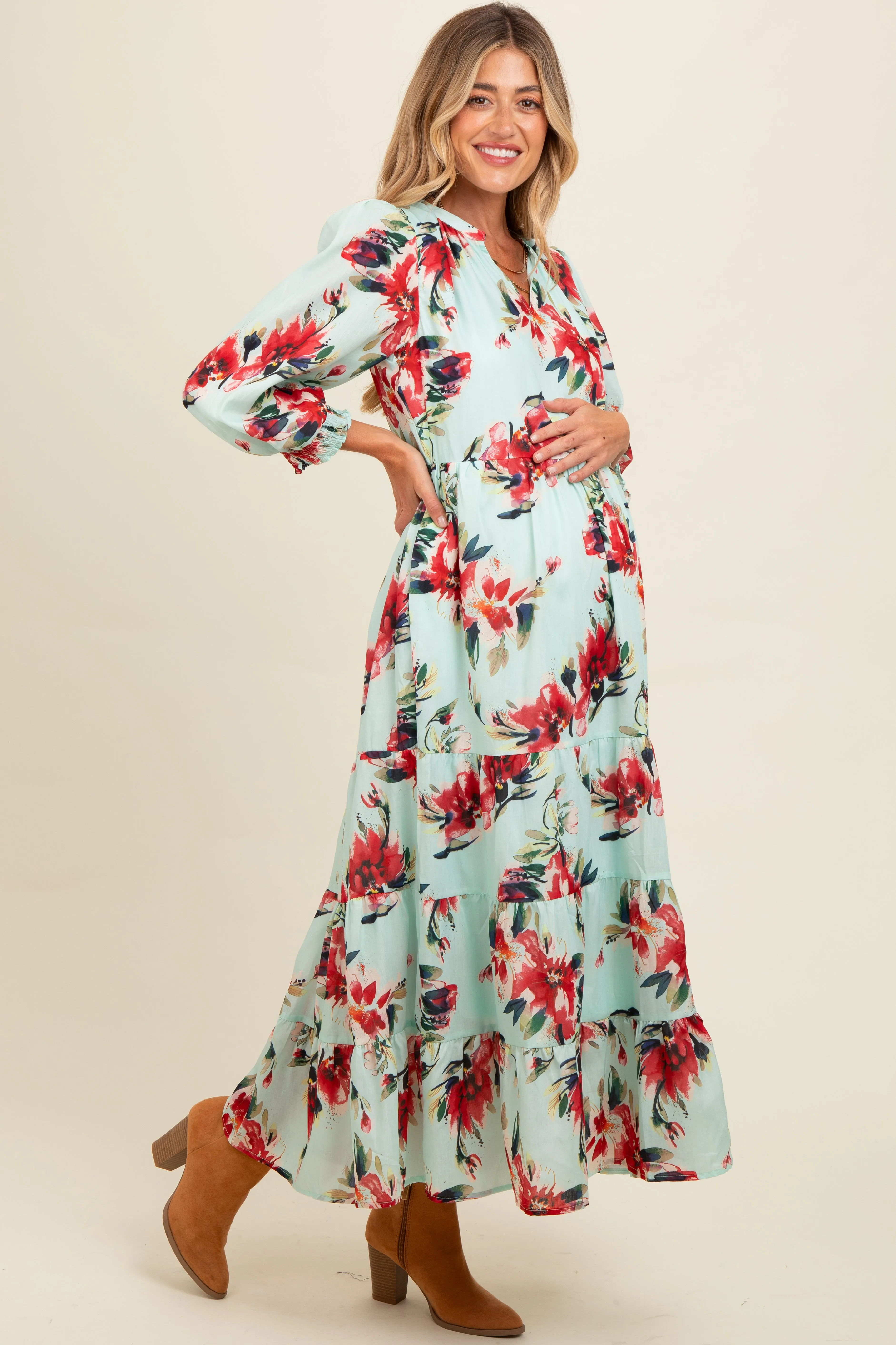 Mint Floral V-Neck Tiered Maternity Midi Dress sold by Pinkblush product image thumbnail 3