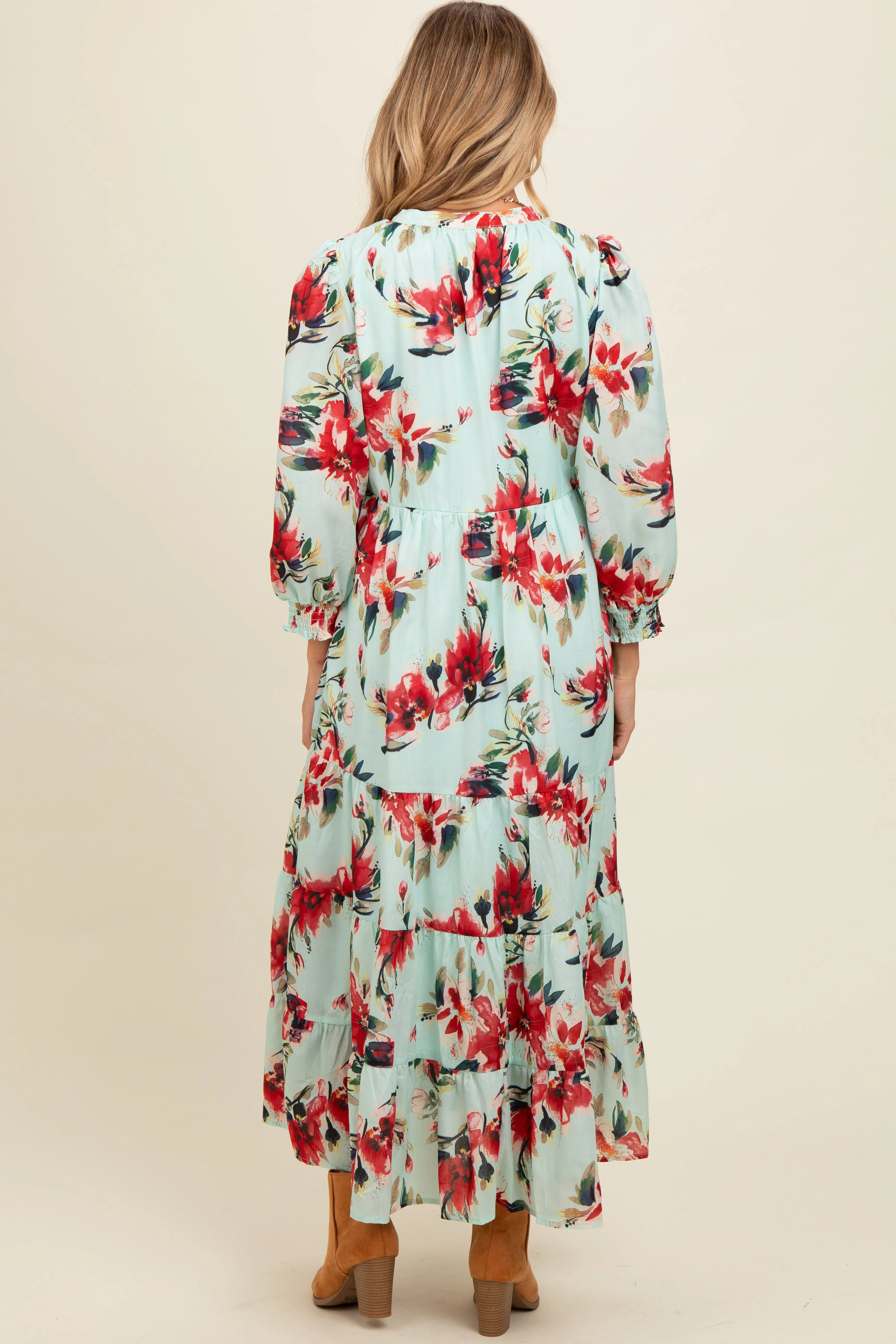 Mint Floral V-Neck Tiered Maternity Midi Dress sold by Pinkblush product image thumbnail 4