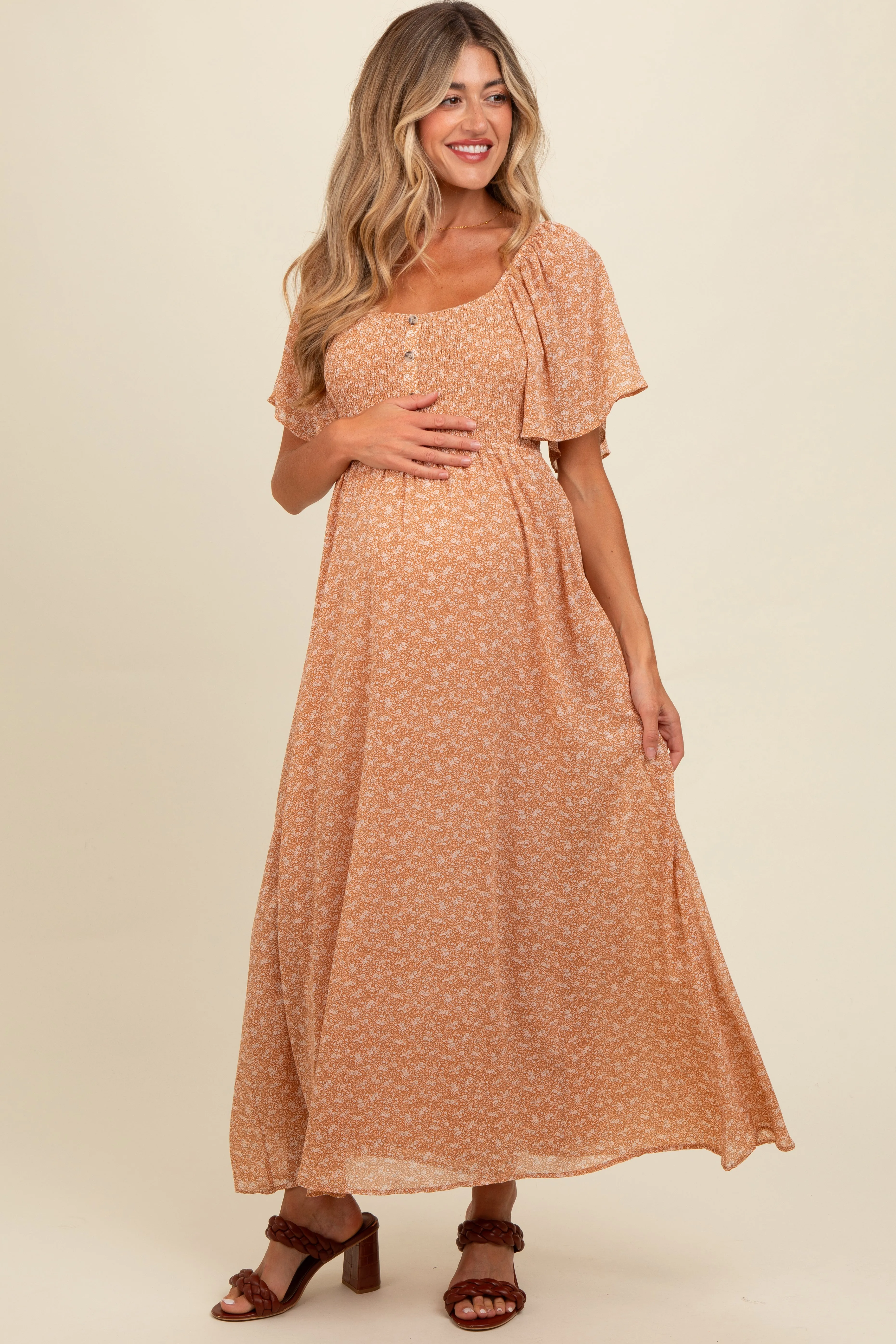Peach Floral Smocked Button Accent Maternity Maxi Dress sold by Pinkblush