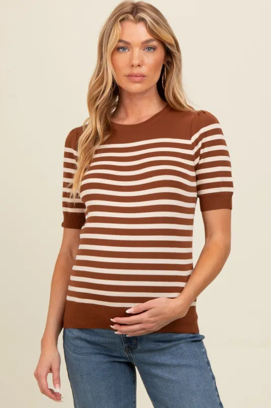 Mocha Striped Short Sleeve Knit Maternity Top sold by Pinkblush