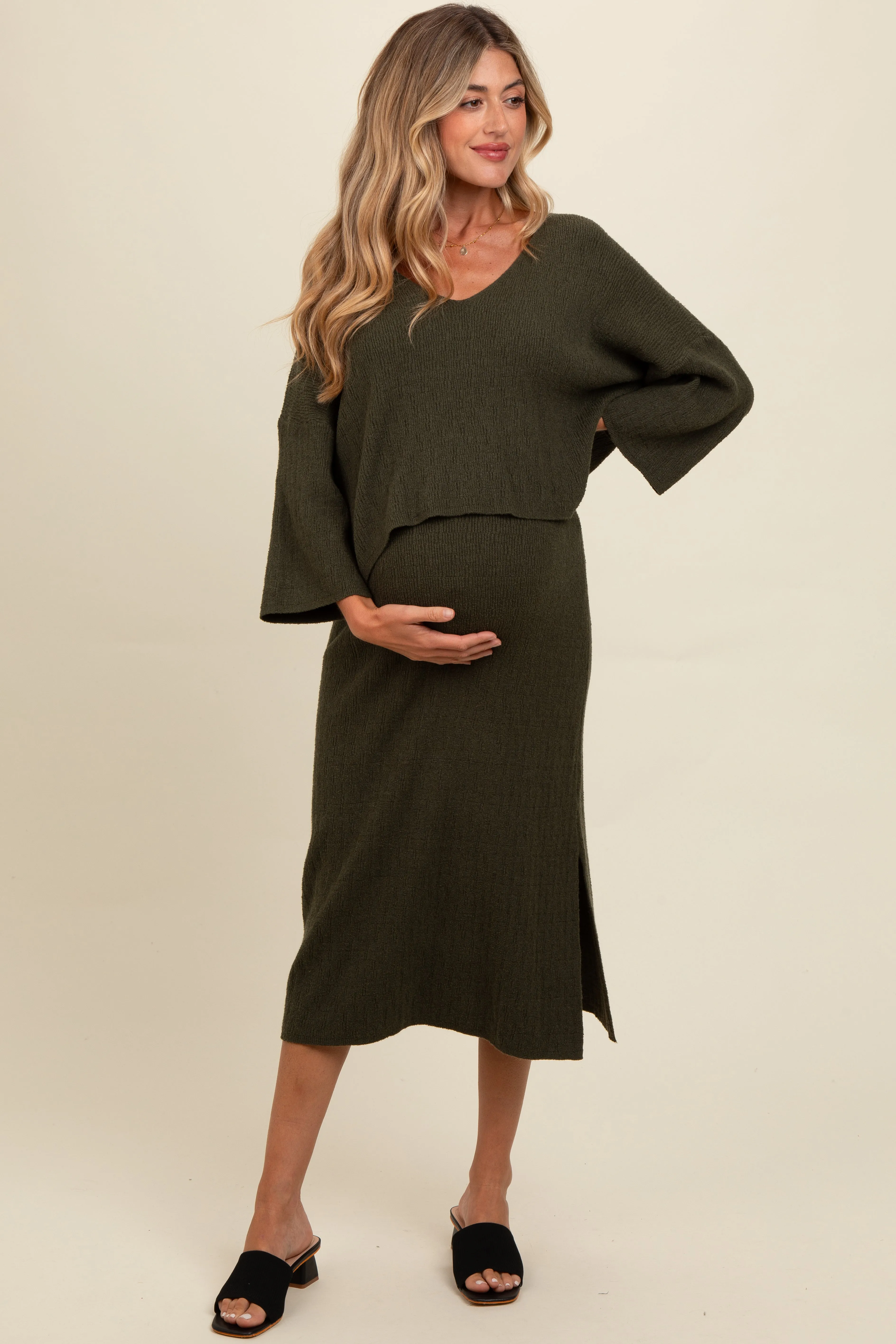 Forest Green Textured Knit Top And Midi Skirt Maternity Set sold by Pinkblush