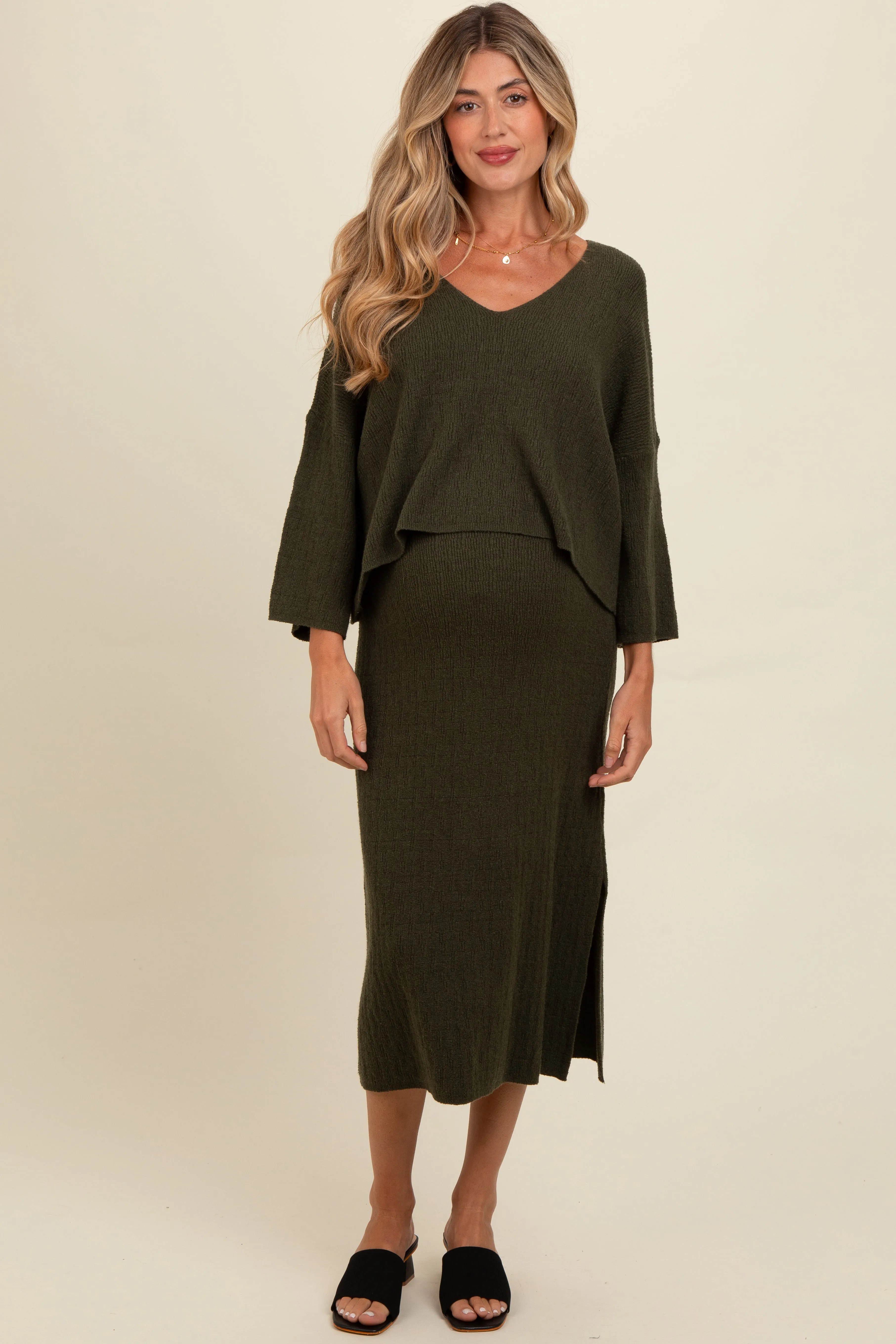 Forest Green Textured Knit Top And Midi Skirt Maternity Set sold by Pinkblush product image thumbnail 2
