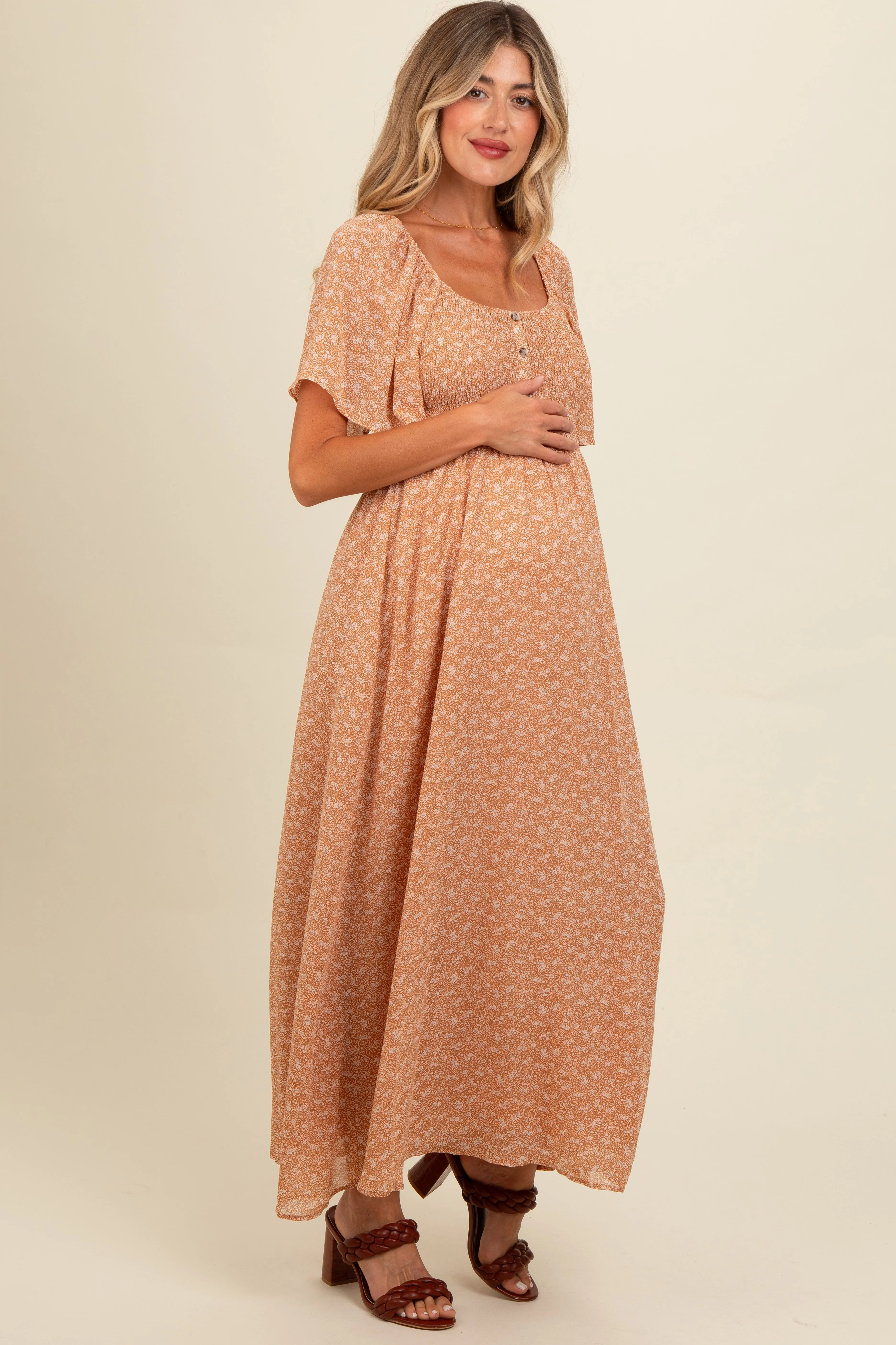 Peach Floral Smocked Button Accent Maternity Maxi Dress sold by Pinkblush product image thumbnail 2