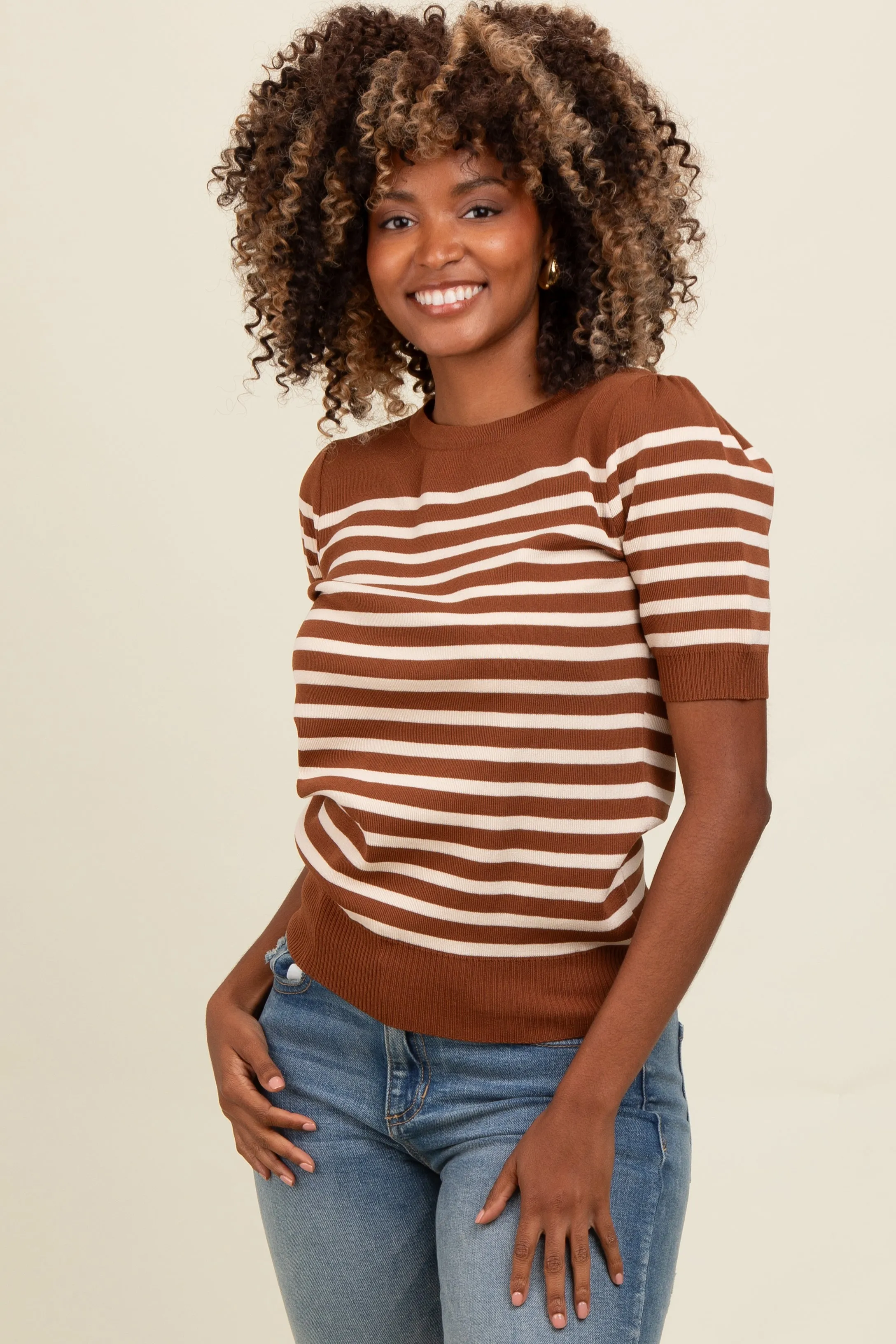 Mocha Striped Short Sleeve Knit Maternity Top sold by Pinkblush product image thumbnail 5