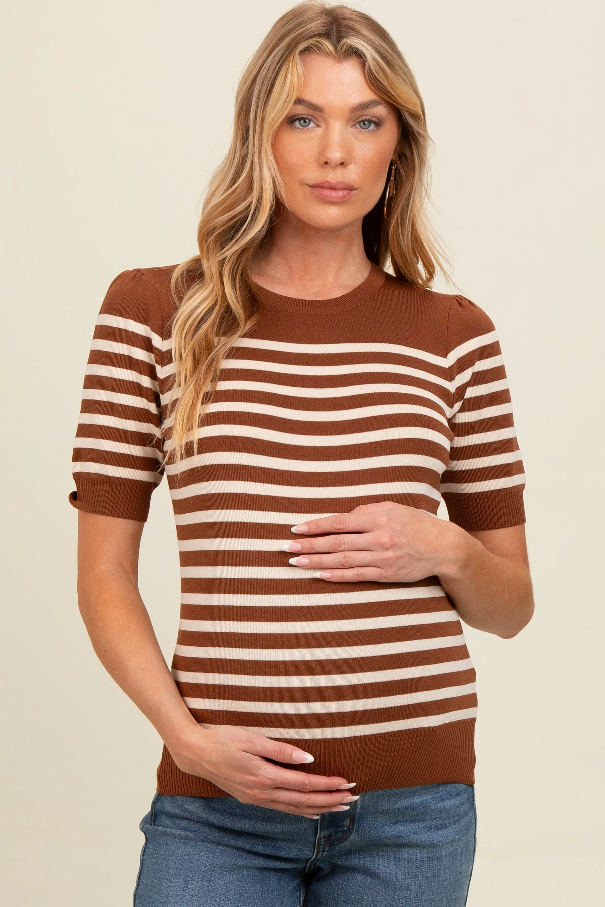 Mocha Striped Short Sleeve Knit Maternity Top sold by Pinkblush product image thumbnail 2