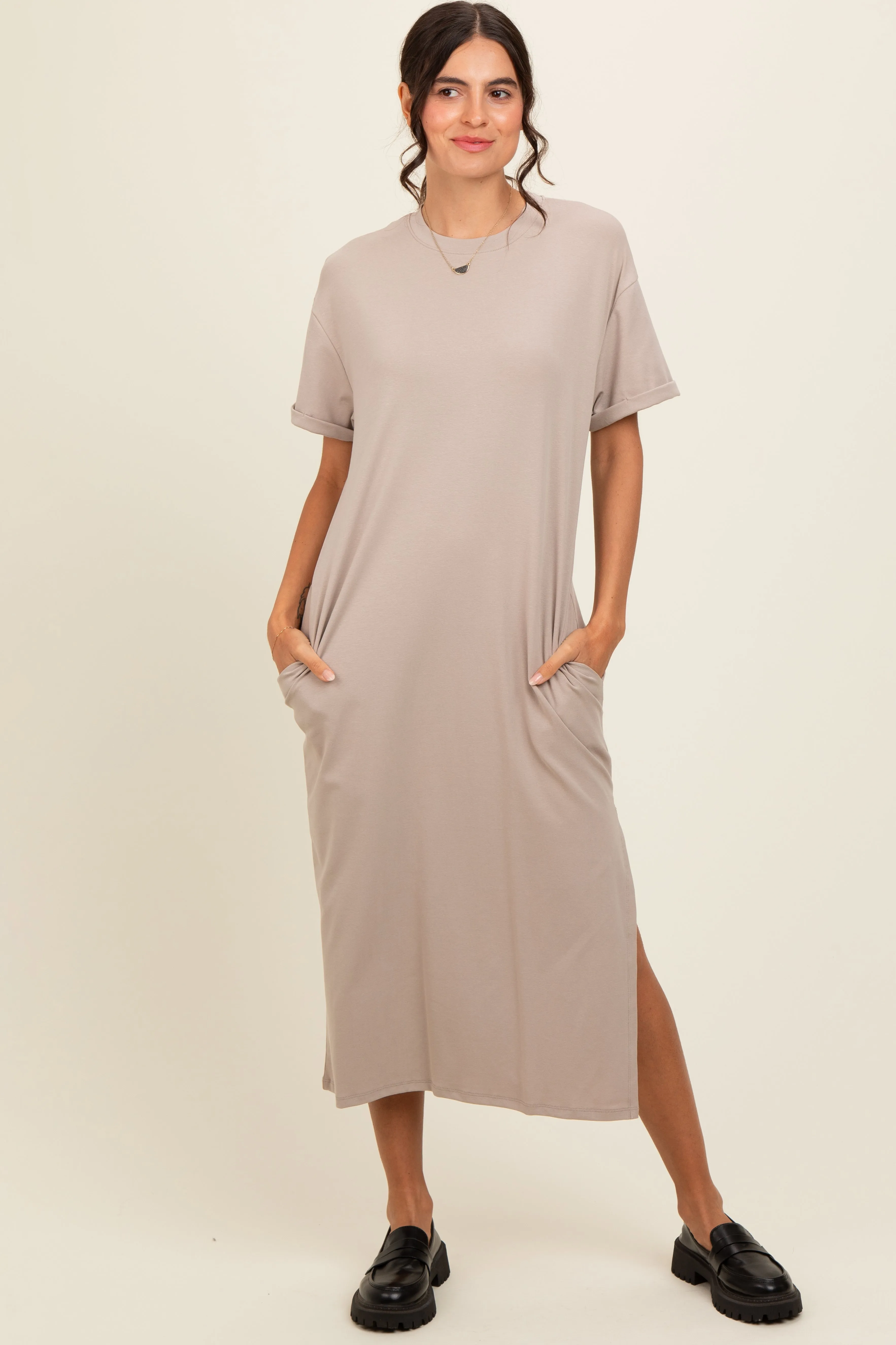 Beige Basic Side Slit Midi Dress sold by Pinkblush