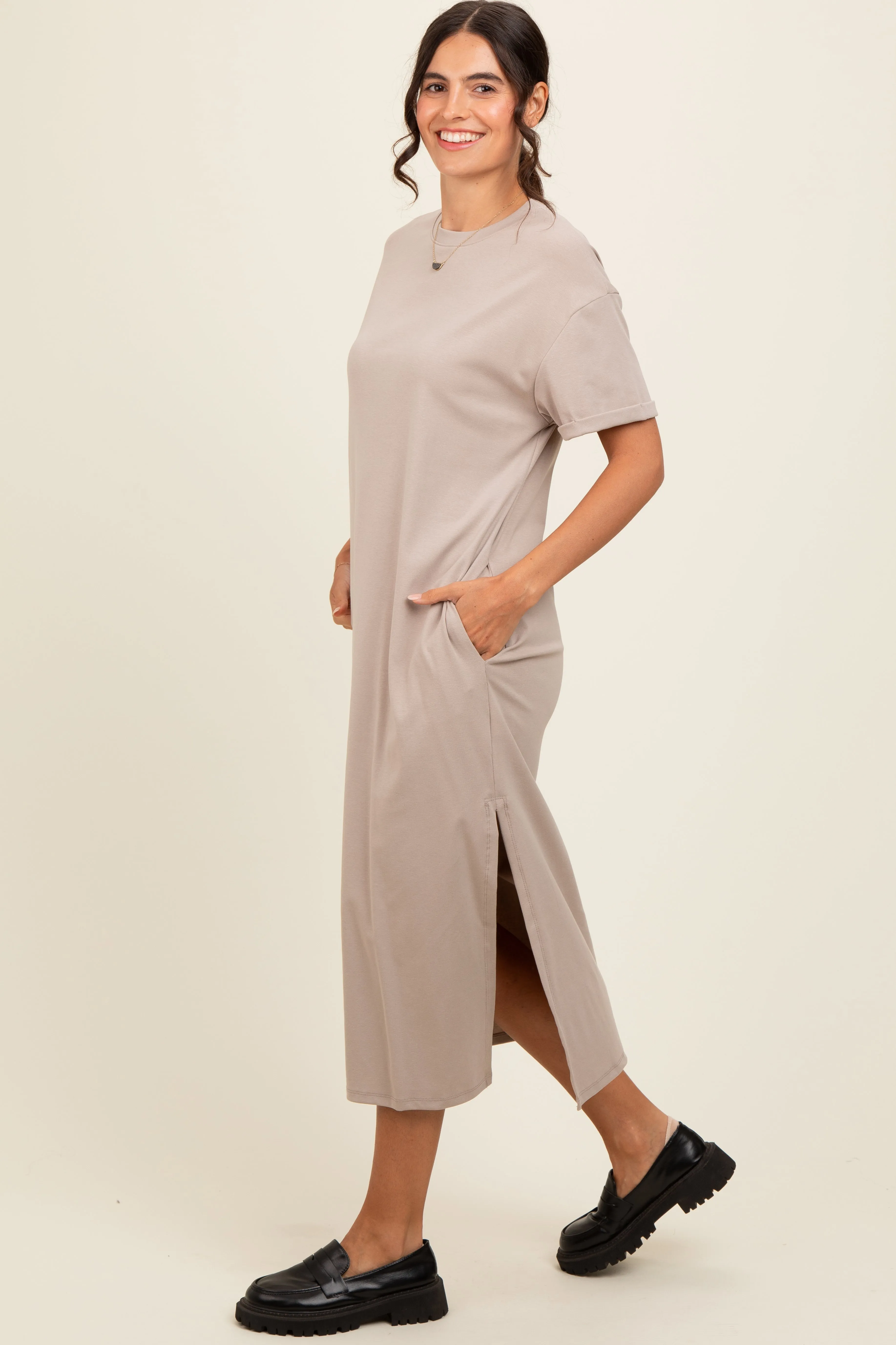 Beige Basic Side Slit Midi Dress sold by Pinkblush product image thumbnail 2