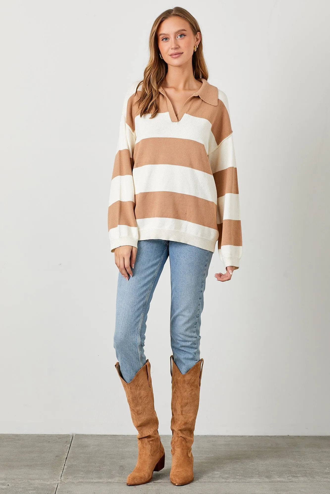 Camel Wide Stripe Polo Sweater sold by Pinkblush product image thumbnail 4