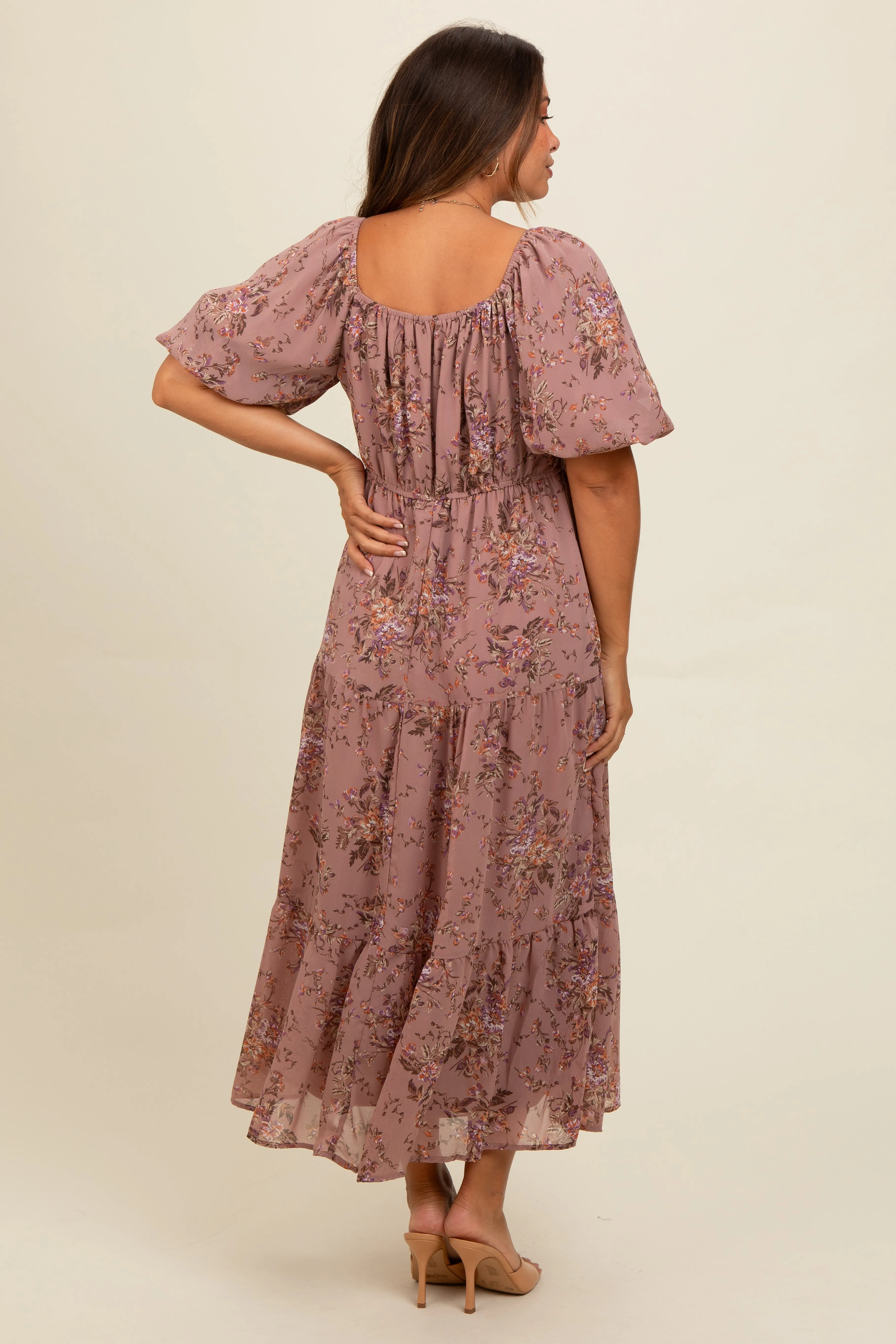 Mauve Floral Tiered Puff Sleeve Maternity Maxi Dress sold by Pinkblush product image thumbnail 3