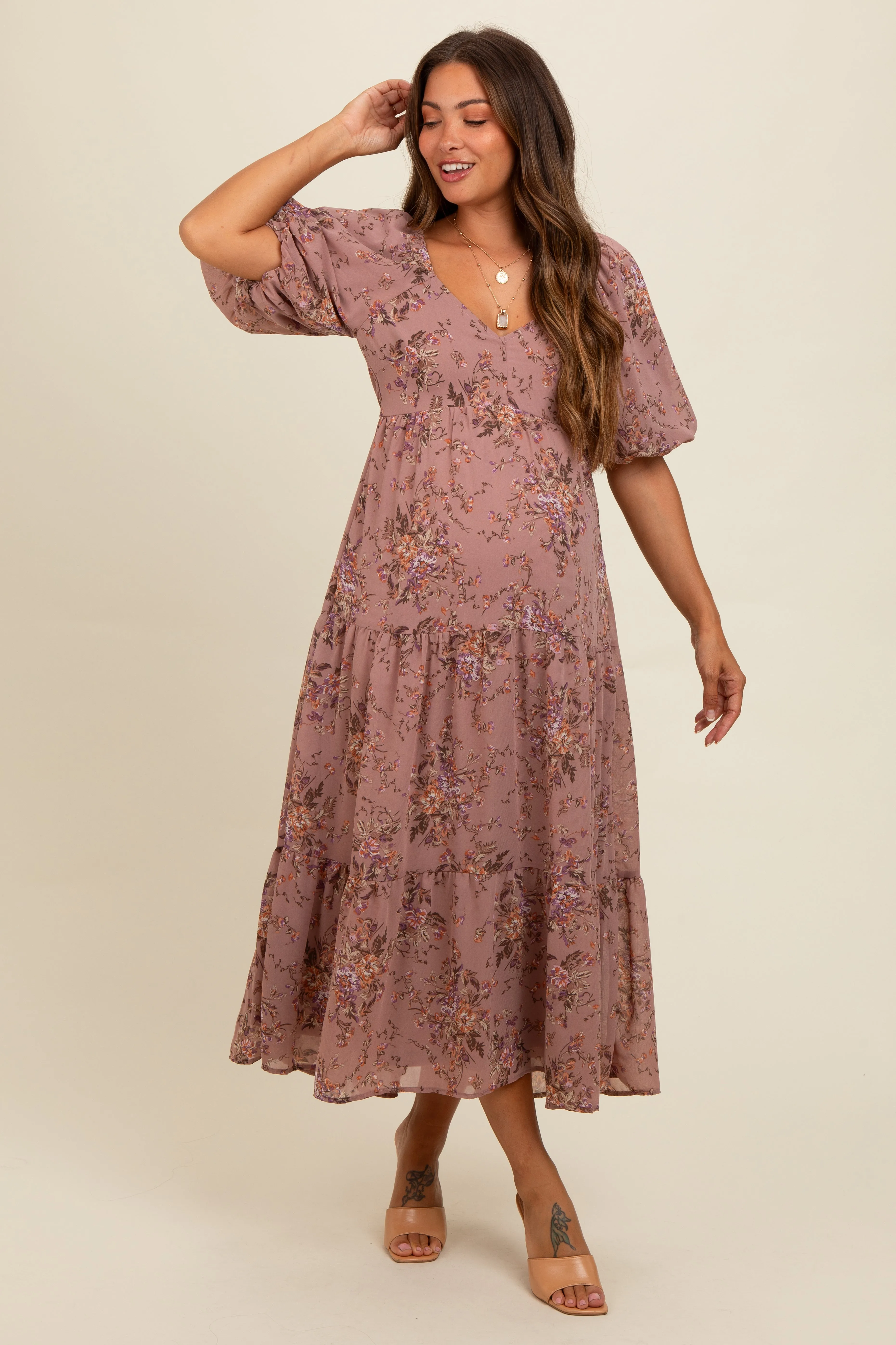 Mauve Floral Tiered Puff Sleeve Maternity Maxi Dress sold by Pinkblush