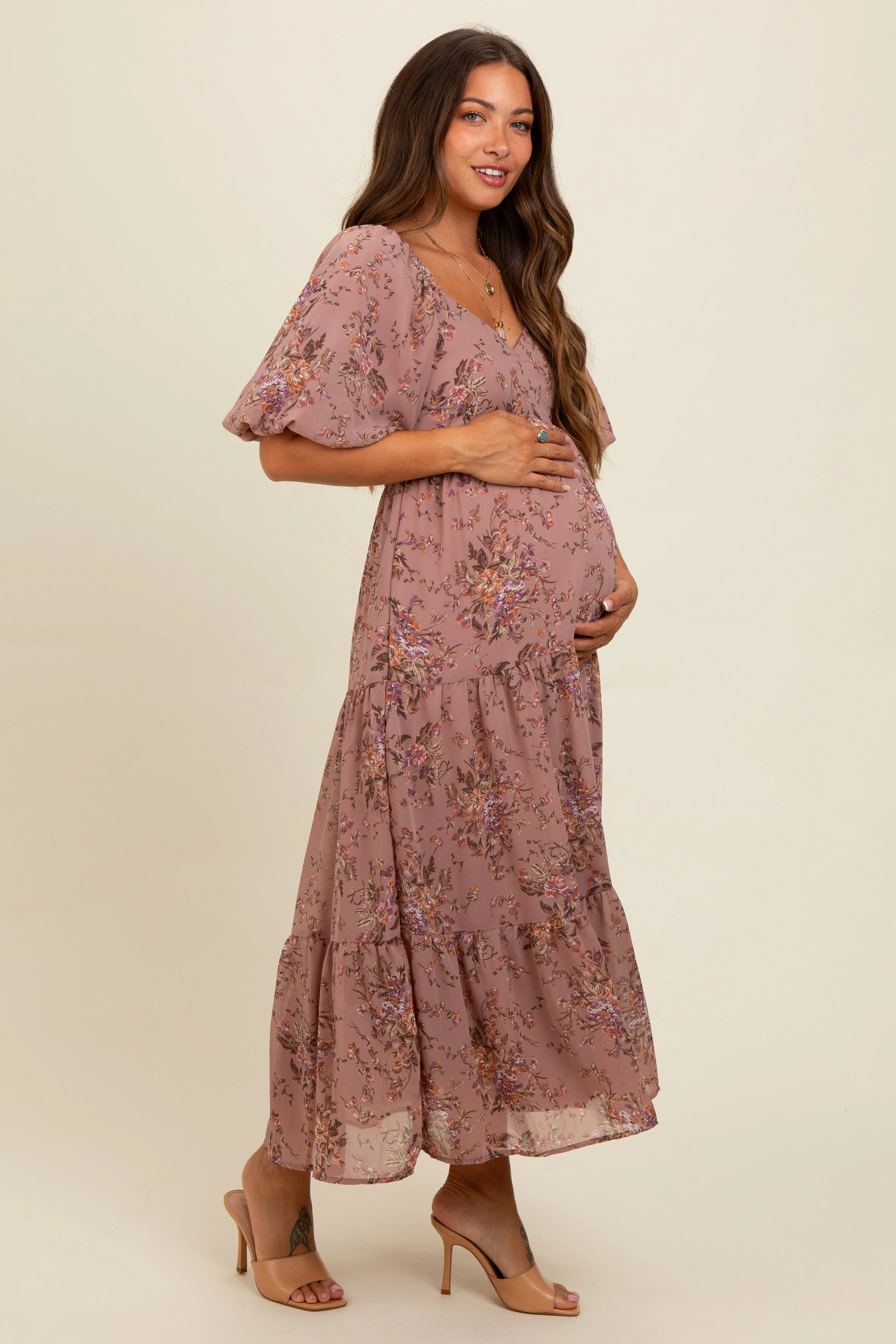 Mauve Floral Tiered Puff Sleeve Maternity Maxi Dress sold by Pinkblush product image thumbnail 2
