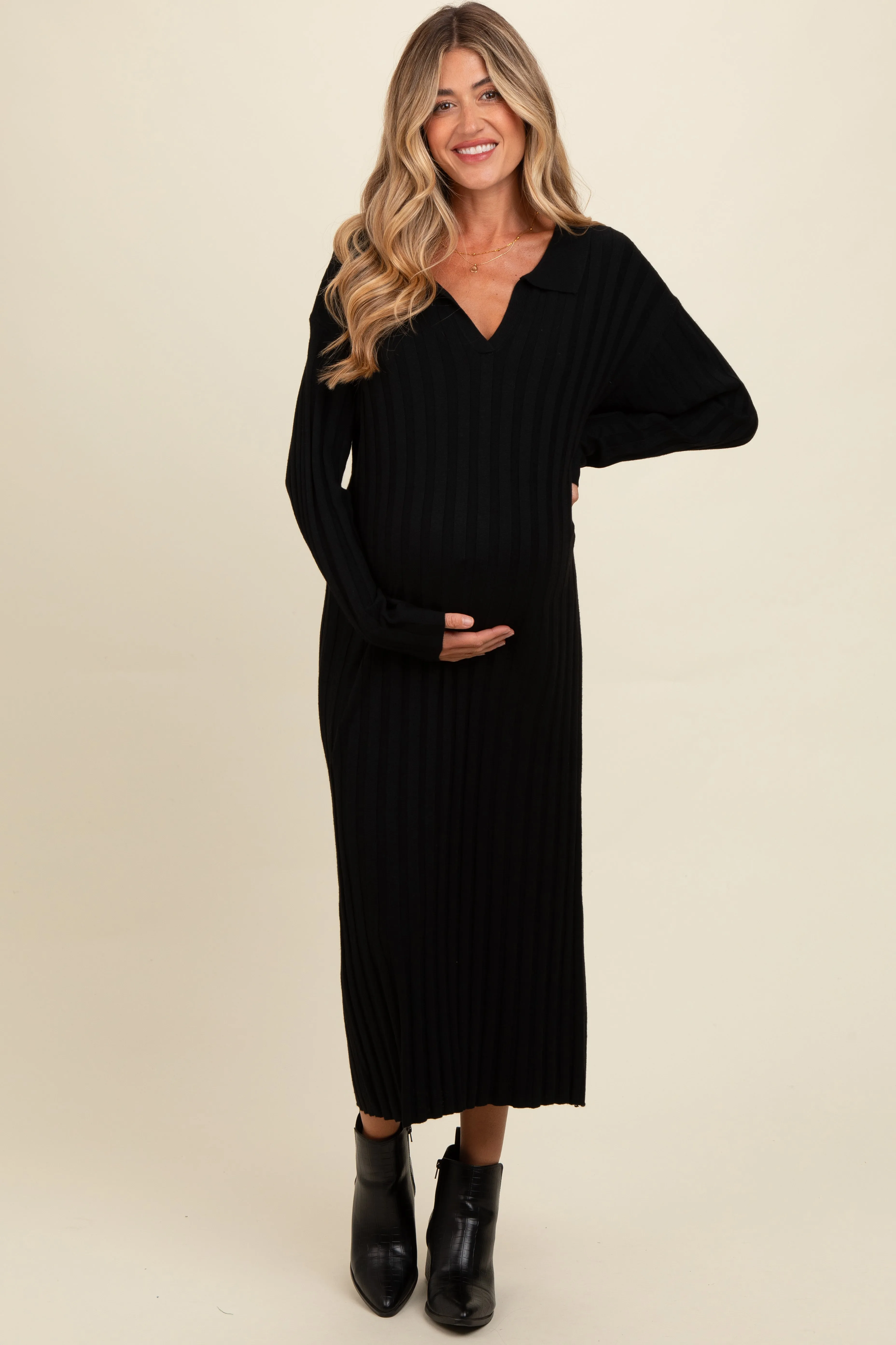 Black Ribbed Collared Maternity Midi Sweater Dress sold by Pinkblush product image thumbnail 2