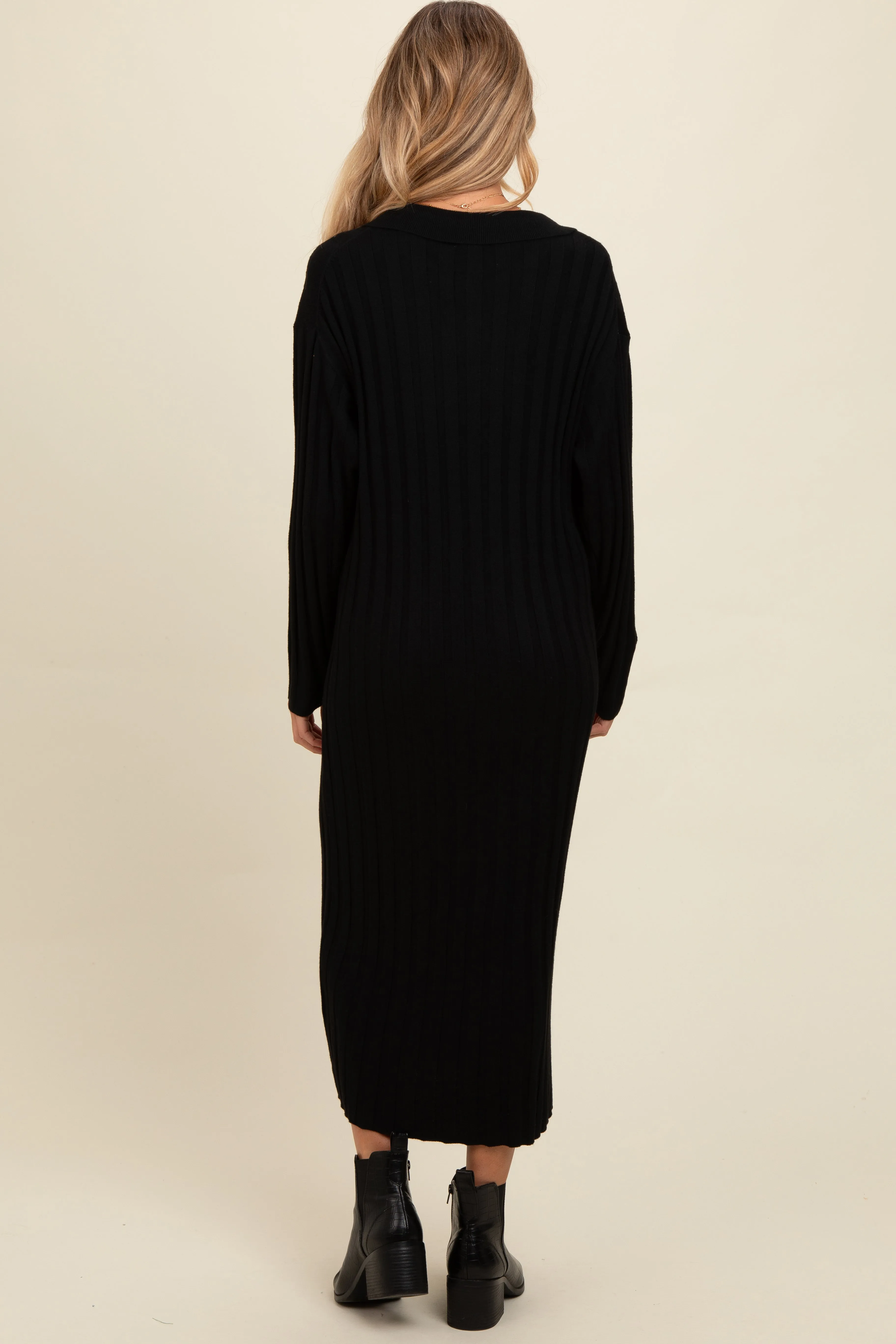 Black Ribbed Collared Maternity Midi Sweater Dress sold by Pinkblush product image thumbnail 3
