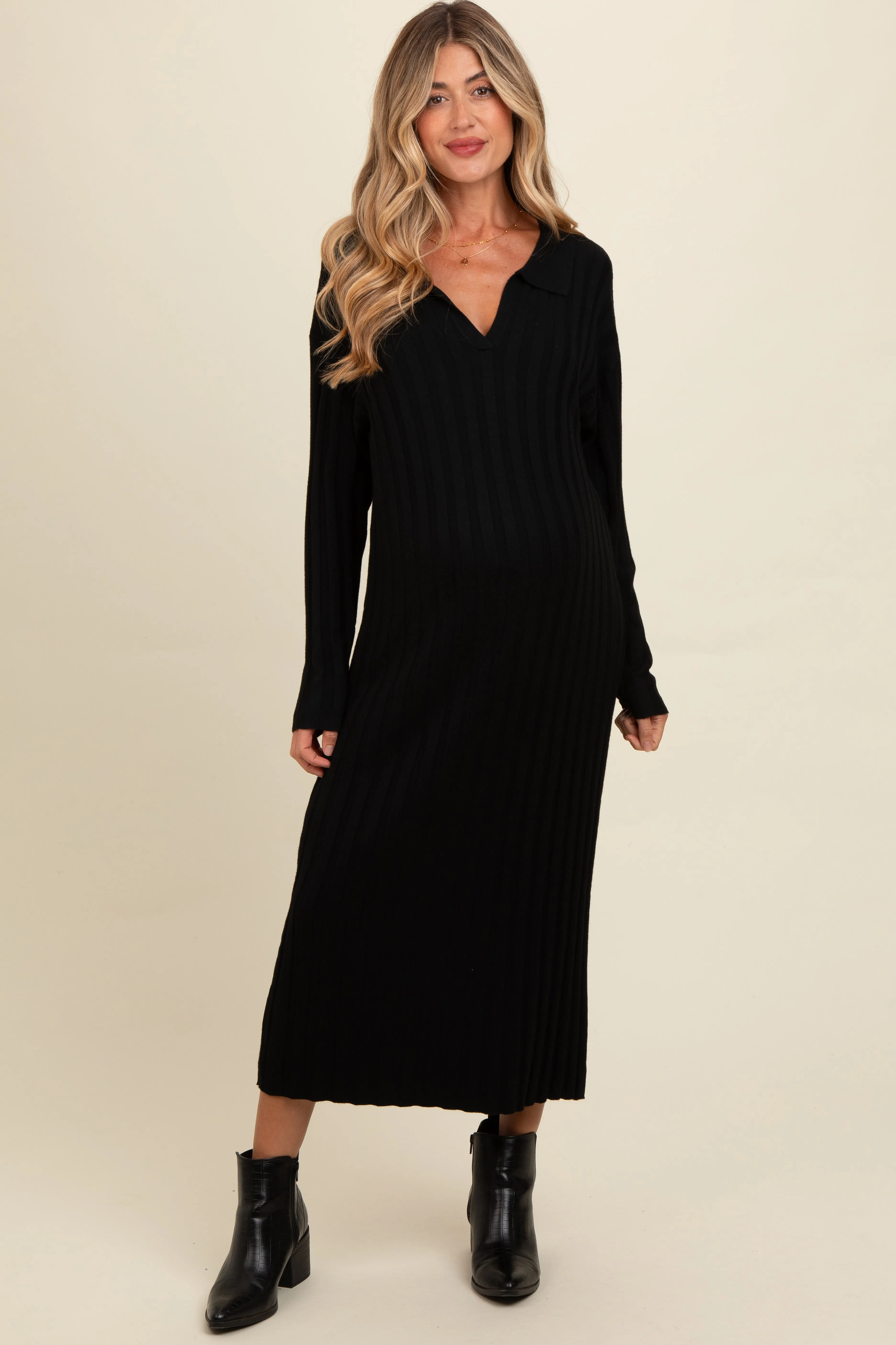 Black Ribbed Collared Maternity Midi Sweater Dress sold by Pinkblush