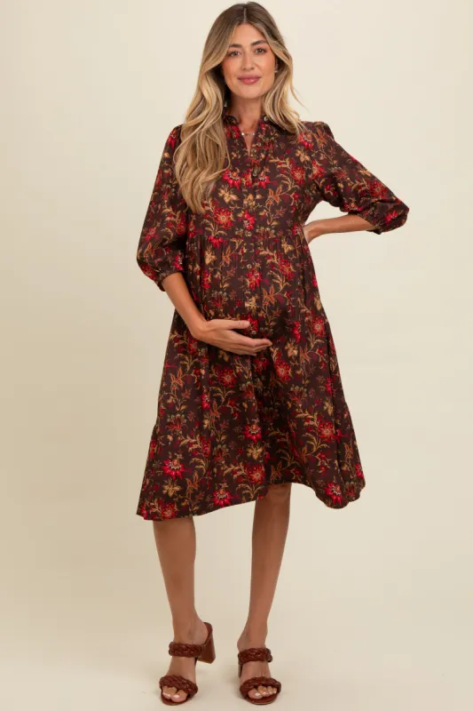 Brown Floral Button Down Maternity Midi Dress sold by Pinkblush