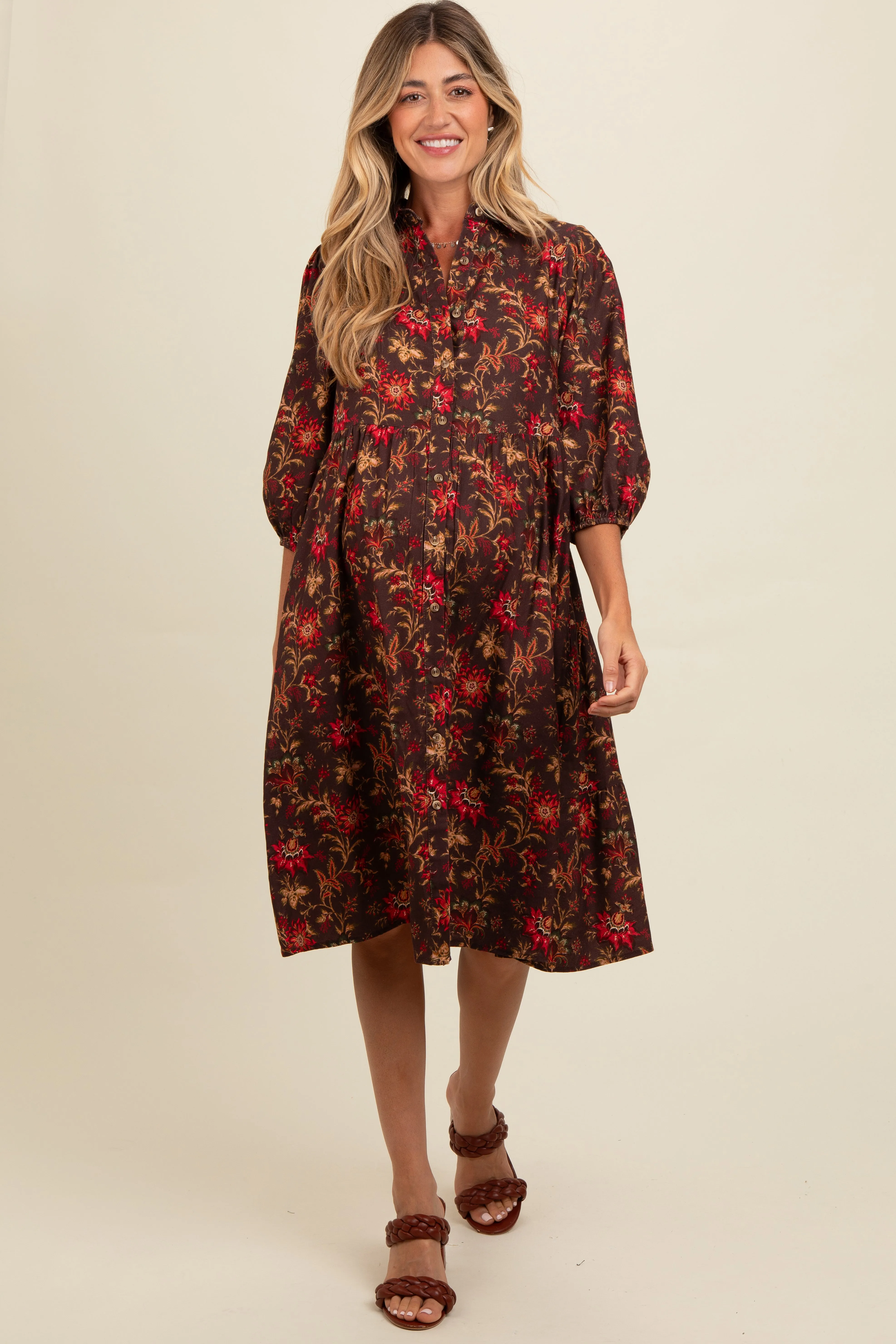 Brown Floral Button Down Maternity Midi Dress sold by Pinkblush product image thumbnail 2
