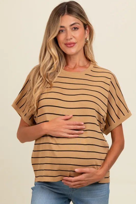 Taupe Striped Boxy Short Sleeve Maternity Top sold by Pinkblush